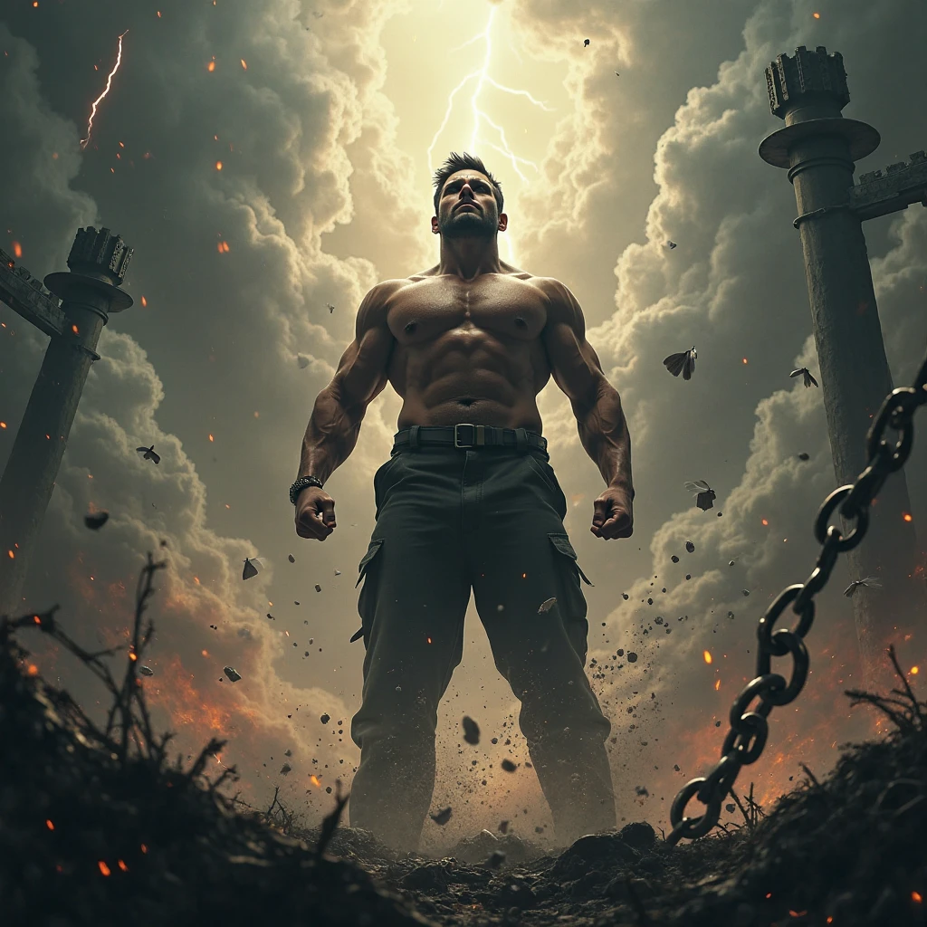 bald, with a neat beard, muscular man of 30 years old, serious concentrated face, rises from the ashes, rises from his knees, from all sides a crowd of different people men and women, shouting something at him condemning, focus on the man, shooting from below, oil painting