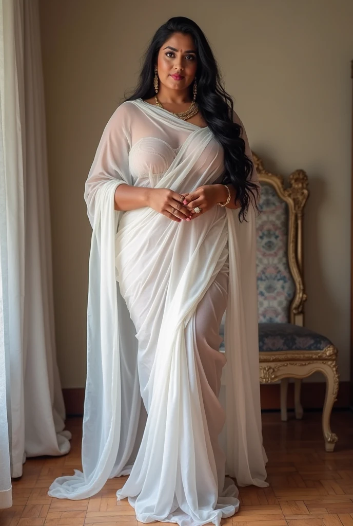 Day scene, A radiant, full-figured South Indian 35 year old aunty a white colour chiffon gown ,standing, in a office captured in a full-body image with vibrant hues and meticulous details. Full body image
