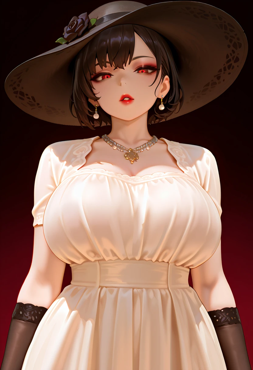 (masterpiece, best quality:1.2), finely detailed beautiful eyes, detailed background, 1girl, (mature female:1.2), large breasts, black hair, black gloves, white dress, sun hat, jewelry, smile, short hair, makeup, lipstick, pale skin, from below, looking at viewer, realistic, <lora:A3DStyle:1>