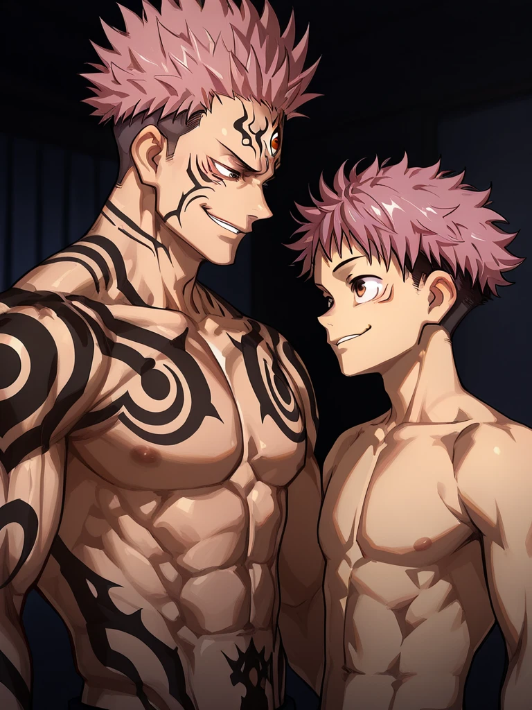 (2boys, duo, 2 male, pair) (upper body) Natsu Dragneel and Gray Fullbuster flexing their muscles, 2 muscular boys, in a bedroom, sweating heavily, (ripped body), (toned arms), (intense training), (bulging veins), (glistening sweat), (powerful poses), (determined expressions), (energetic atmosphere), (dynamic lighting), (vibrant colors), (strong contrast), (detailed muscles), (realistic anatomy), (high-res render), (painterly textures), (powerful composition), necklace and tattoos