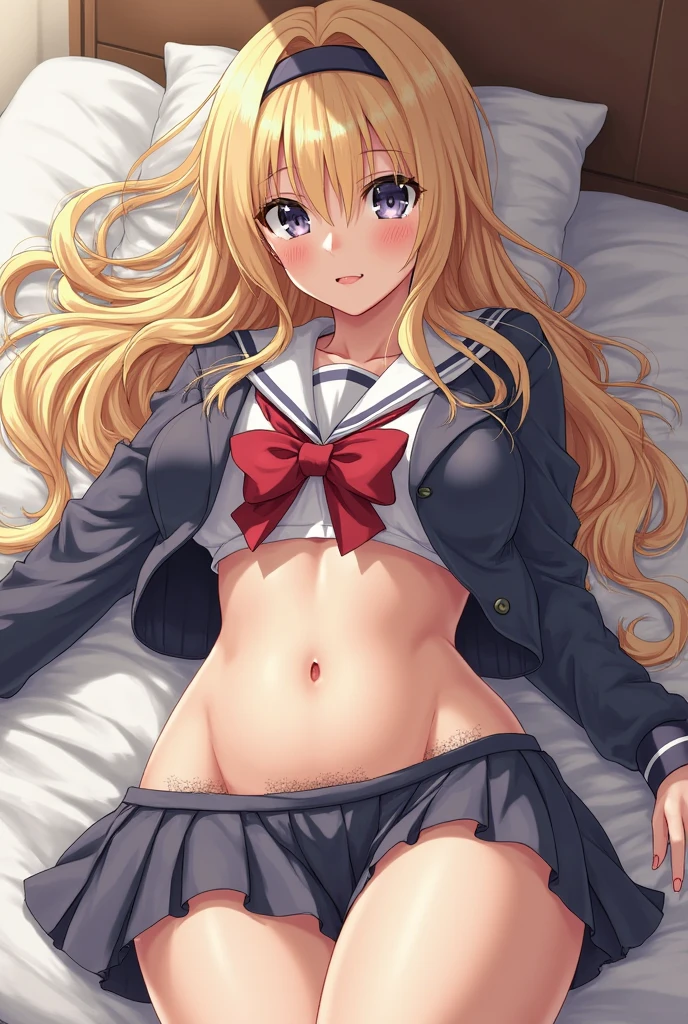 (masterpiece, best quality, anime style, cute, kawaii), 1girl, solo, illustration, looking at viewer, school, depth of filed, light on face, portrait, blonde hair, stripe panties, (spread legs, open legs, knee up), naval, groin, perineum, leaning back, body tilt, open mouth, blush, small breasts, arms behind back, cowboy shot, dutch angle,