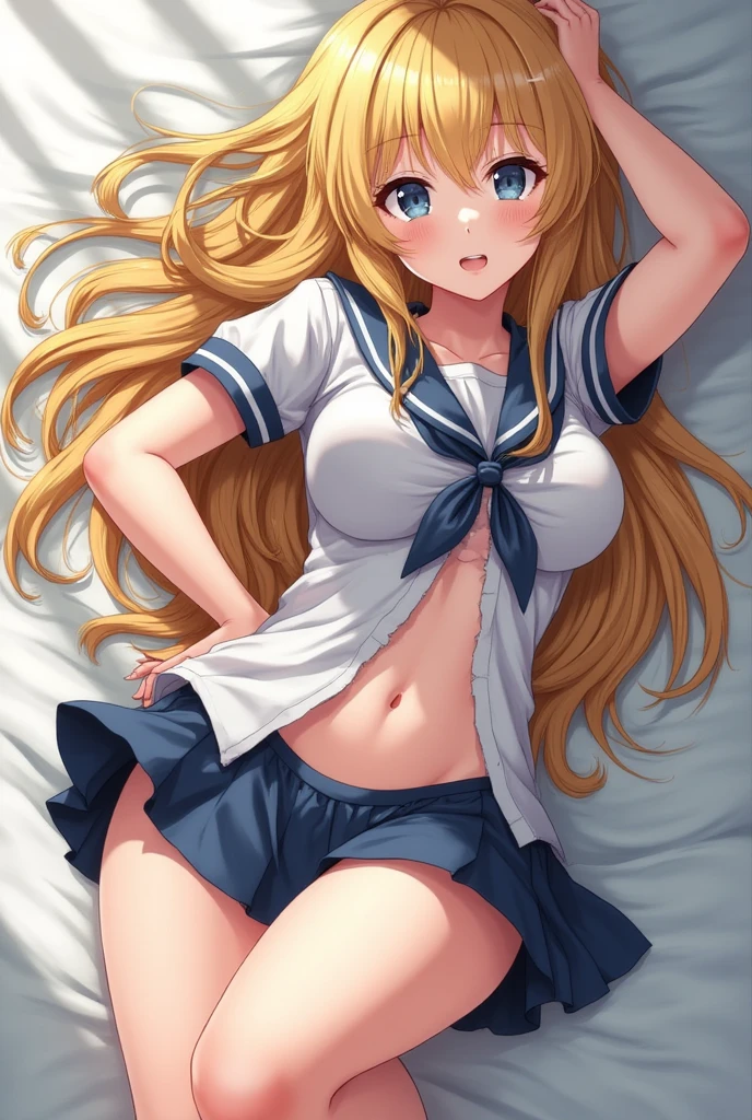 (1 woman), (Micro thong), (((under boob))), ((Crop Top shirt)), ((spread legs, one knee up)), (Sailor school uniform only for the upper body), (white short shirt), summer clothes, ((Red Ribbon Tie)), (((sheer white long thigh-high socks))), (((long gloves))), masterpiece, Best Quality, High quality, High Definition, Finely detailed, Detailed texture, realistic representation of face, Realistic, Colorful, Ray tracing, ahegao, smile, (glowing eyes), (Detailed beautiful delicate face, Detailed beautiful eyes, A perfectly proportioned face, High detailed skin, best ratio four finger and one thumb, (((Glowing white shiny skin))), (oiled skin), (large breasts), ((Smooth texture, Realistic texture, Photorealistic)), ((Green eyes)), (((blonde hair ))), (Beautiful face, Cute face, Detailed face), on a bed