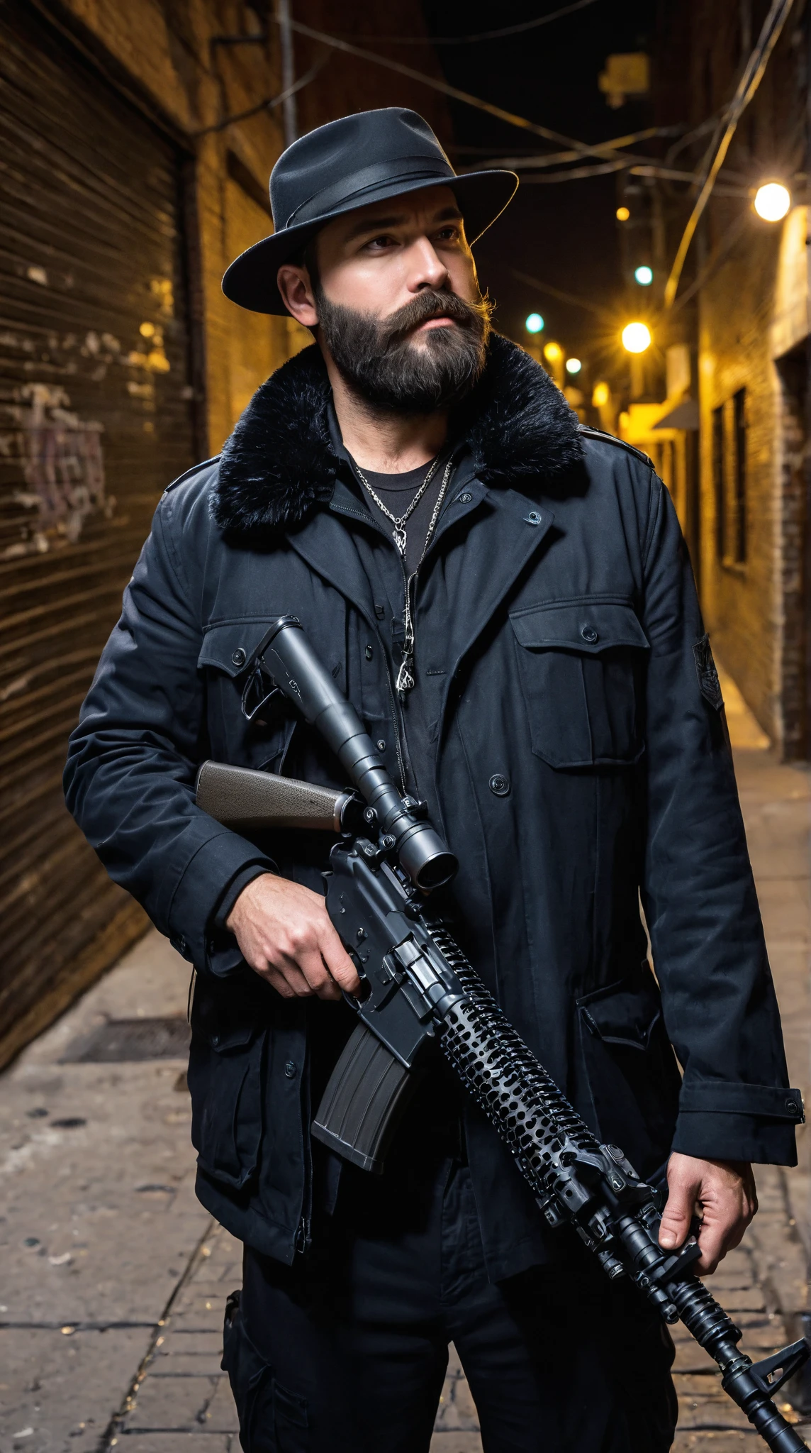 Spy night Back Alley in the Downtown Area male Beard Guns with ...