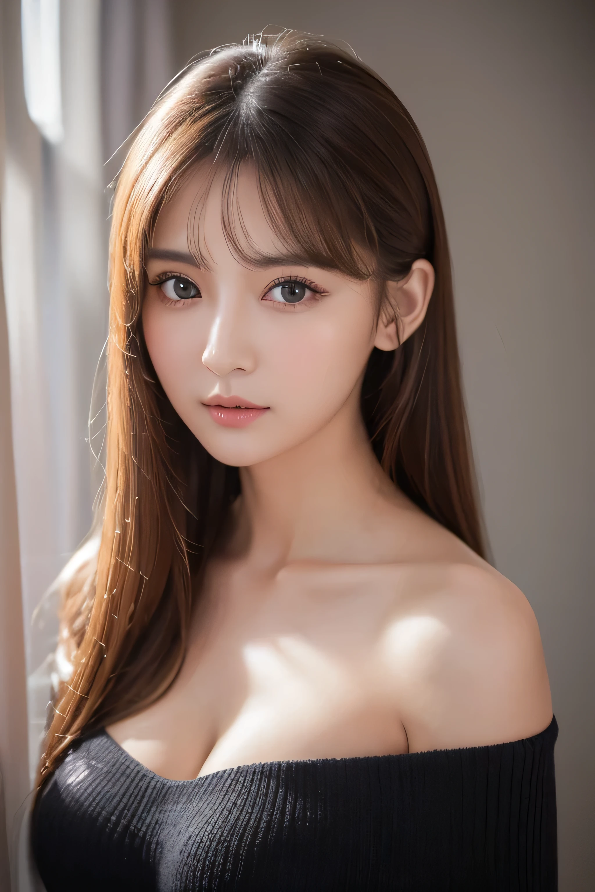 (highest quality, masterpiece:1.3, 超A high resolution), (Ultra-detailed, Caustics), (Photorealistic:1.4,RAW shooting,)Ultra-Realistic Capture,Very detailed,High resolution 16K, Close-up of human skin, The skin texture is natural, It must be detailed enough to be easily identifiable.。 Skin should look healthy and have an even tone。 Use natural light and color, restaurant, Waitress Uniform, 1 girl, Japanese, 18-year-old, cute, Mid-length hair, Large Breasts, smile, Turn your body forward, (View from the front:1.1), Looking into the camera,(Cowboy Shot),sight, focused on the chest, Brown Hair, Black choker, fluffy eyelashes, blue eyes, bangs
