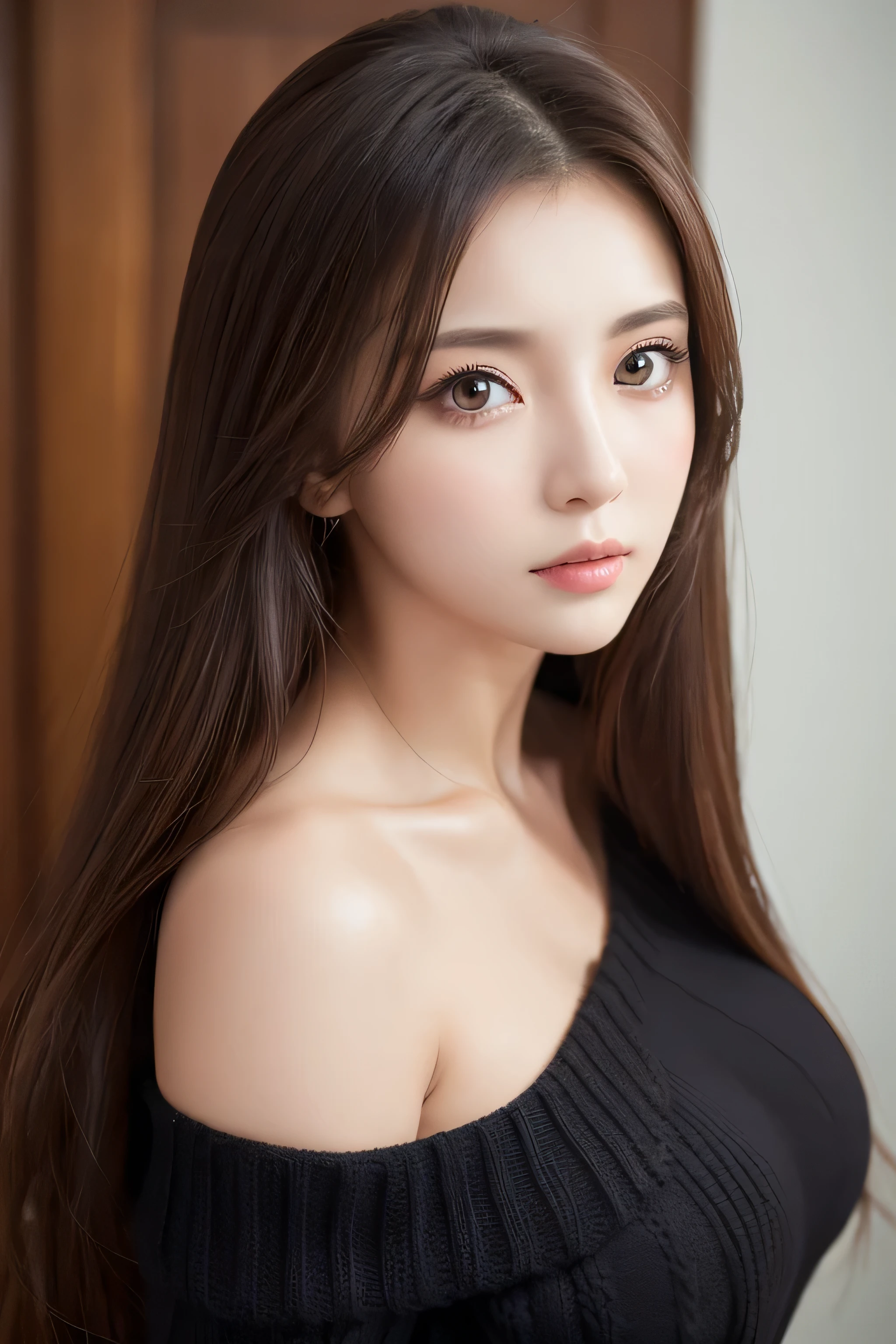 table top, highest quality, shape, Super detailed, finely, High resolution, 8k wallpaper, Perfect dynamic shape, beautiful and detailed eyes, D cup, natural color lip, random sexy pose,smile、20 year old girl、midnight、Beautiful and dense face、perfect and beautiful face,Big eyes、real photos（best image quality）,Sheer off-shoulder dress (black)、looking at camera、Please stand、Do gal makeup,blurred background