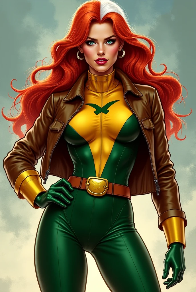 Rogue from Marvel's x-men wearing 1990s green and yellow bodysuit. With a big butt, thick hips and thighs, a flat stomach and 90s era x-men red curly hair with white hair on top. hair is two colors, wearing X-men belt buckle x emblem on buckle, highest quality, realistic art, (hair is white on top of head red on the sides, make hair as is specified in prompt). Create semi-realistic portrait sized image in highest resolution. , design character as specified in prompt, portrait sized image, jacket unzipped to show cleavage