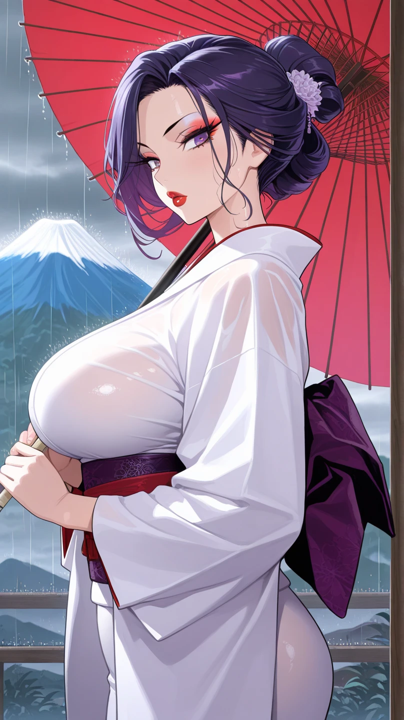 Beauty Japanese Women,Model body type,8-headed beauty,Nude,Wearing a kimono,Give someone a Japanese umbrella,(Black hair,Long Hair),Pointed nipples,Large Breasts,The genitals are visible,Thin pubic hair,Thick pubic area,My genitals are wet,Beautiful adult woman,Spread your legs,Rubbing the groin with a fan,(Holding a fan to her private parts)