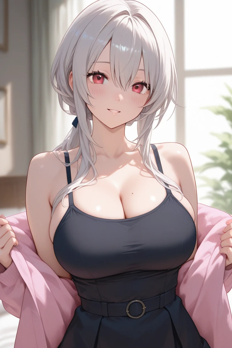 (((masterpiece))), ShizukaMikazuki, One Girl, alone, View your audience, Gray Hair, Cleavage, ((Very large breasts)),Big Ass,blue eyes,Big eyes,clavicle, Mature Body,Attractive body,(Trained abdominal muscles),High resolution, highest quality, super high quality,3D Images、Kumiko、3D Images、A bed with a shining night view、Gray Hair、Wavy long hair、Very detailedな CG Unity 8k 壁紙, [3D Images:1.10],Attractive eyes、[[Fine grain、blue eyes、Shining Eyes:1.15]], , Very detailed,Thin fingers、Front view、Cinema Lighting、Make your face a little smaller,Black sports bra,Blushing,High Ponytail,Sweaty all over,White Breath,Black Ribbon,Charm choker,smile,Earrings,garden,Big eyes,Glossy red lipstick,(Pink Nails),Blur the background,(Big Ass),Tilt your head,dew