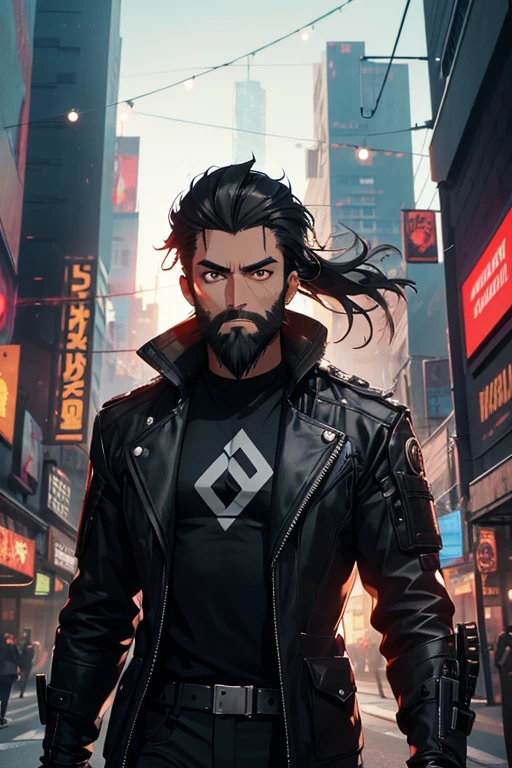 The most handsome punk rock man with long beard and dredlock hair, black Afro, huge boobs, cabello color arco iris, ojos amarillos, dark skin, usar una sudadera con capucha, toneladas de tatuajes y piercings, Obra maestra perfecta, alta calidad, High resolution, big tits