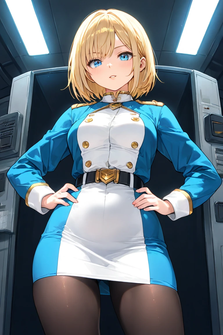 ((Masterpiece)), ((Highest Image Quality)), ((Best Quality)), (Illustration of One Girl), Full Body, 25 Years Old, (Neutral), Blonde, ((Short Hair)), ((Short Neckline)), Green Eyes, (Flat)), Small, (((Tall)), ((Muscular Strong Body)), (Army Uniform)), (Military Hat)), (Army Coat)), (White Clothes), (White Pants), (White Hat), Trench Coat, (( Inside the spaceship)), (outside the window, space, Earth seen from space, spaceport)