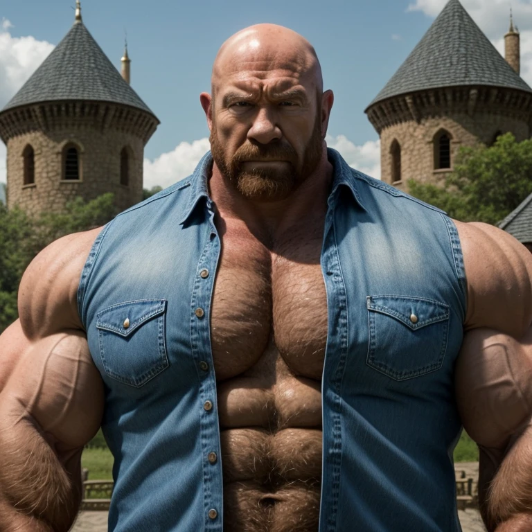 "Imagine an imposing, muscular figure, mixing characteristics of Escanor, Hulk e Brutus (Popeye), wearing a hooded coat. He walks confidently through the streets, the hood is over your head while the coat is open, revealing his powerful arms and robust physique worthy of a bodybuilder. The scene is marked by the dominant presence and unique mix of iconic characteristics of these characters.. Man in his 30s with a lumberjack beard and black hair"