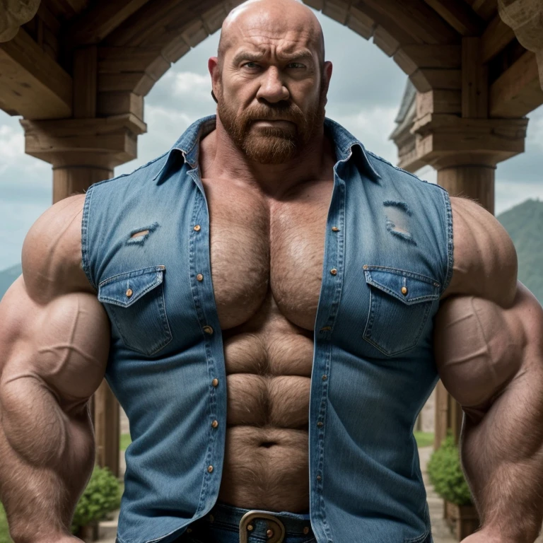 A Chinese bodybuilder,Wearing fur,the super hot and sexy,Blonde hair, short detailed hair, on a snowy mountain,Sunset lights, Short beard perfect figure with tattoos, Very huge and strong body, Bulging muscles, musculous, Very large pectoral muscles,Very sexy abs,The legs are muscular,Tall and mighty,Exposed Body,Tall and burly,toned figure,Huge raised genital area,Brightens oily skin,Muscular。