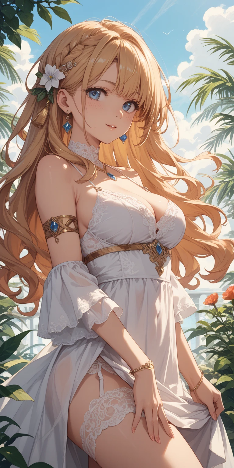 1girl huge large breasts,Greek goddess,Vi delicate and beautiful face,Golden hair,Various hairstyles,Garland crown,voluptuous breasts,Convex buttocks,greek clothes,Tulle covers the breasts,perfectly proportioned, Detailed clothing details,Temple,marble,god statue,World Tree,Cinematic lighting, filmgrain, Fujicolor, lightand shade contrast, 8K, 巨作, Textured skin, Super detail, high detailing, High quality, A high resolution,