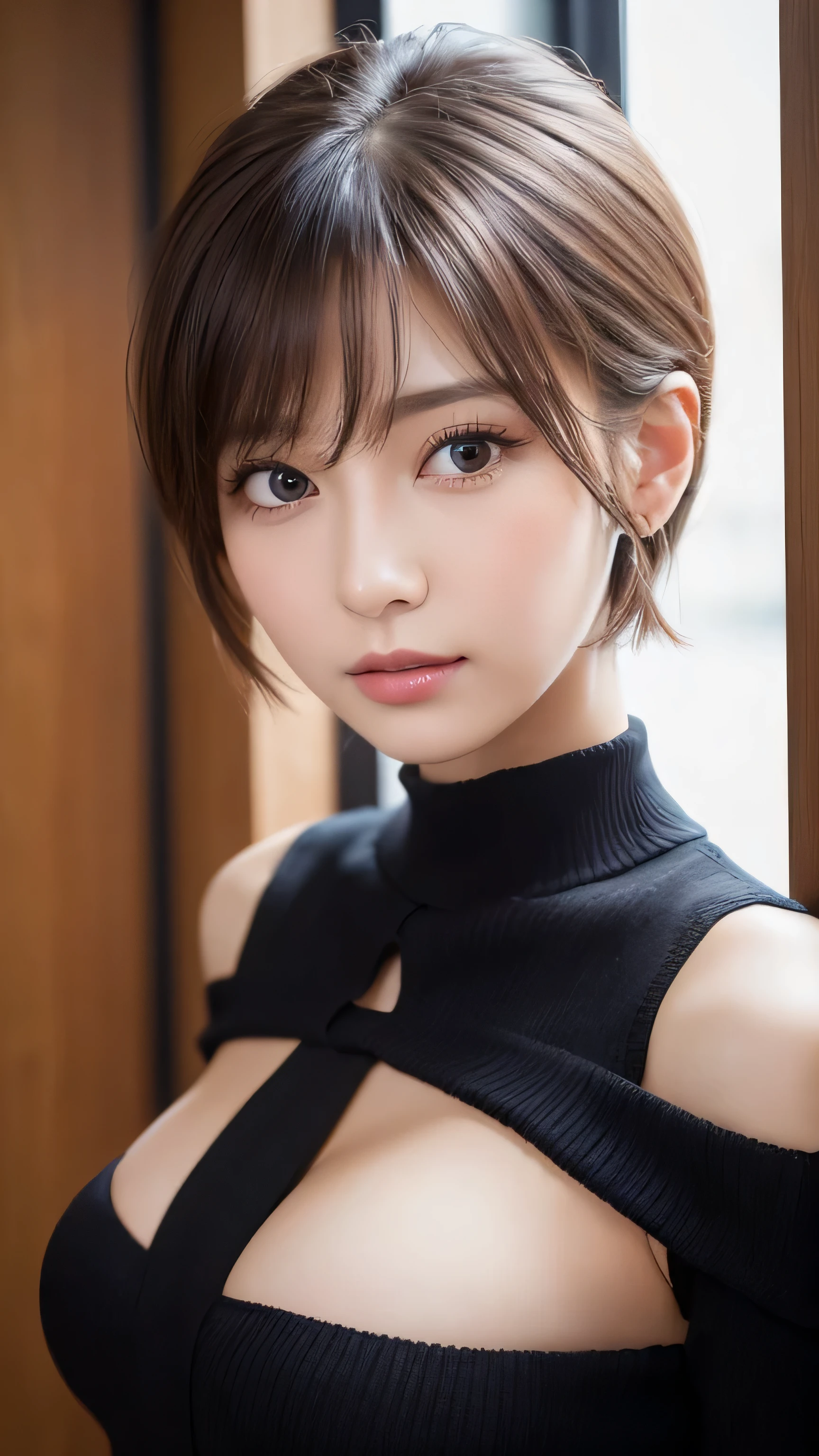 masterpiece, best quality, ultra-detailed, intricately detailed hyperdetailed, realistic, sharp features, highly detailed, sharp focus, 17 years old, perfect face, perfect face, perfect symmetrically perfect eyes, perfect full lips, flexible female form, cinematic, film light, hyper detailed, hyper realistic, high resolution, vibrant, dynamic studio lighting, ((Dark background)), plain dark background, fantasy art photos, Deep shadows, dark texture, Expressionless, Scary atmosphere, religion, Creepyshort hair, straight Bangs, cleavage, brown Eyes, Black sweater, cowboy shot,