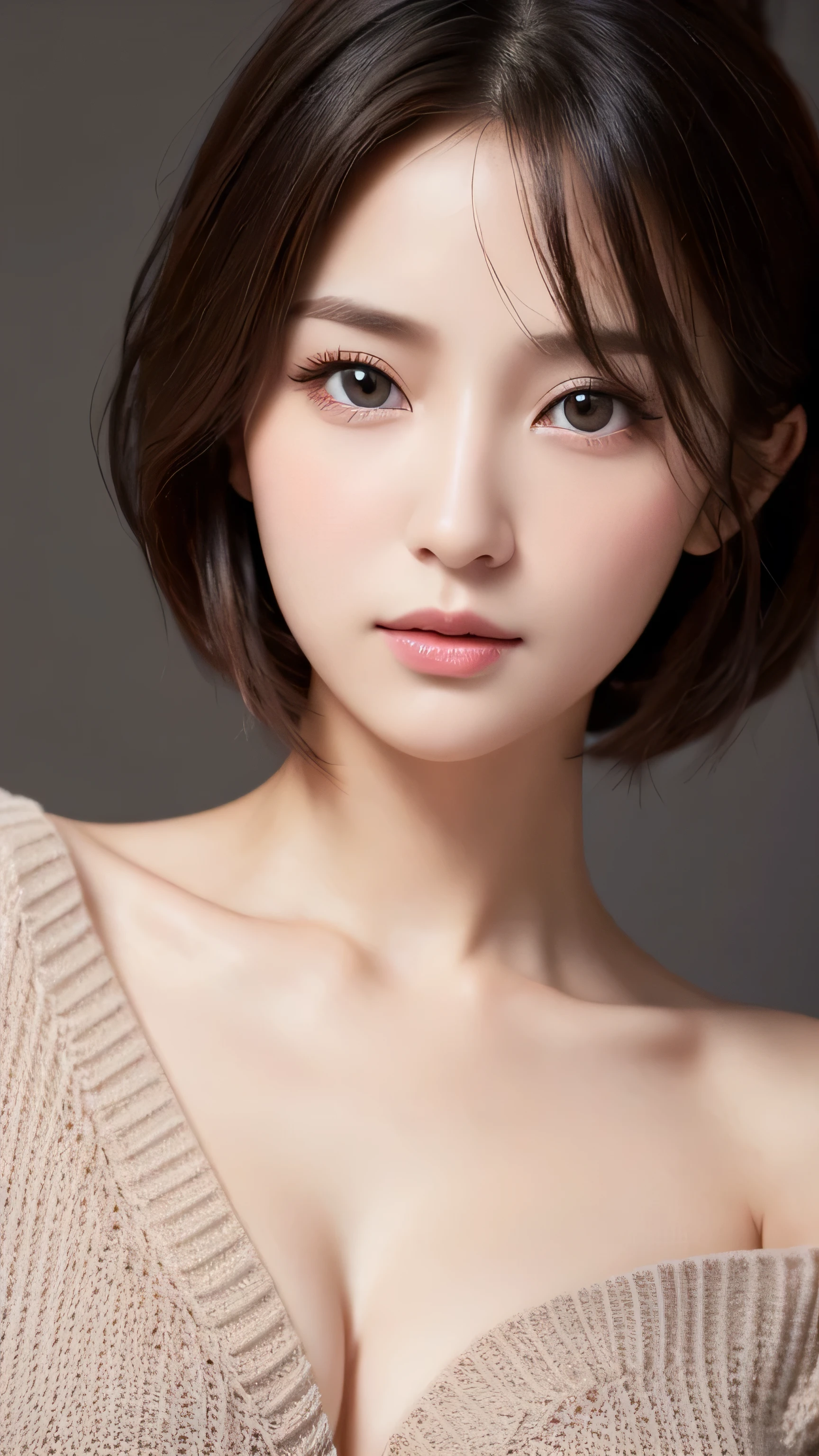 ((Highest quality, 8K, masterpiece :1.3)), One Girl, beautiful woman with slim abs :1.3, (Medium Short Hair, Huge breasts :1.2), cardigan :1.1, Highly detailed face, fine grain, double eyelid