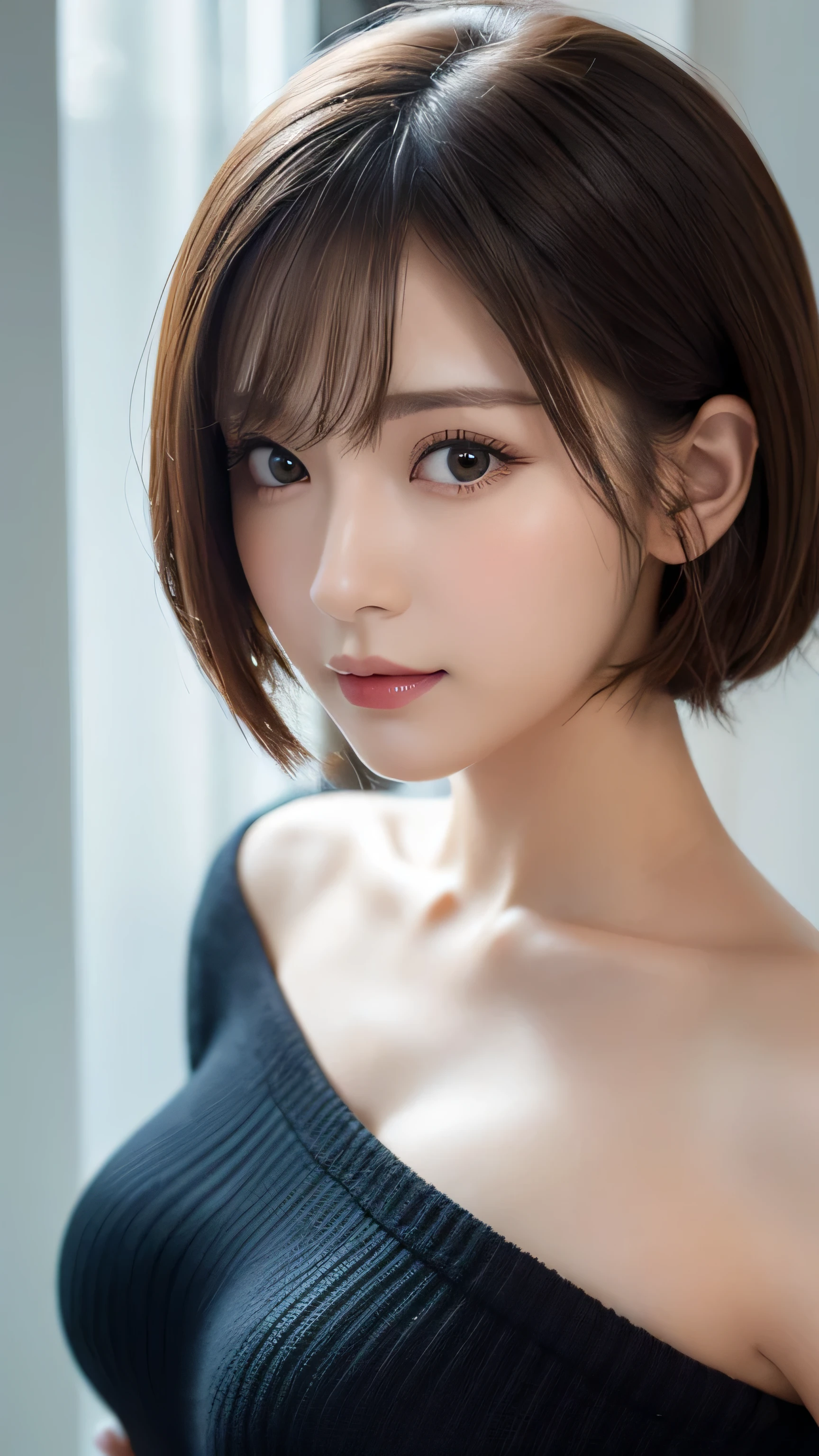 (tmasterpiece:1.3), (8K, Photorealsitic, Raw photography, Top image quality: 1.4), Japan high school girls、(random hair styles:1.2)、nedium breasts:1.2、Super Detail Face、Eye of Detail、二重まぶた、Bring your chest together、foco nítido:1.2、Beautiful woman:1.4、light brown hair、top-quality、tmasterpiece、超A high resolution、(Photorealsitic:1.4)、Highly detailed and professionally lit smile、Loose and lightweight knitwear、Chest outing、slender、serious facial expression、short detailed hair、Fatal position