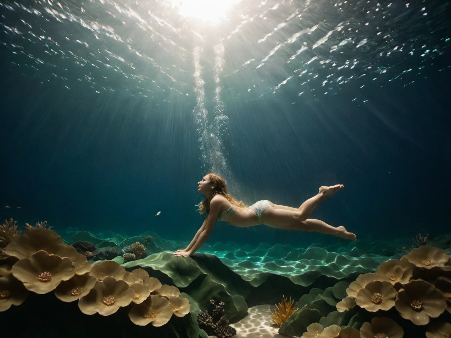 Deep Blue Ocean、A nude beauty skin diving near the surface of the ocean。Blonde Hair、White nude body。