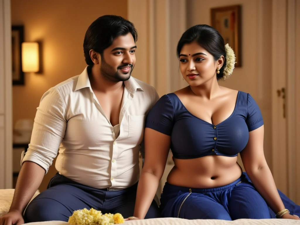 One South Indian 25 year old woman with big breast, big ass, perfect body, wearing a silky saree, hugging a three 30-year old man perfect body with buzz cut and beard, three man and one woman, detailed.