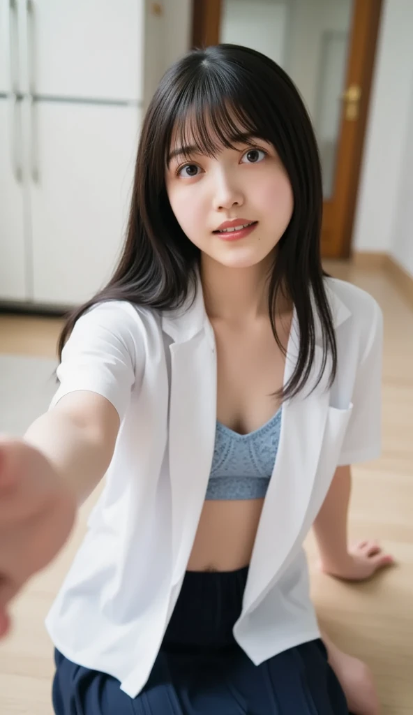 1 girl, alone, Chest, looking at the audience, Smile, clavicle, spread legs, camel toe, thigh, calf, foot, white nurse uniform, black skirt, indoor, lace, underwear, underwear, belly button