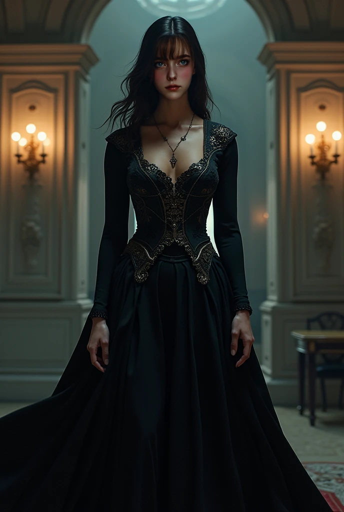 masterpiece, best quality, ultra-detailed, high resolution, extremely detailed, (Full Body Shot:1.3), (sharp focus:1.2), photo, attractive young female model, beautiful, 22 years old, (blue eyes:1.4), dark hair, caucassian, long hair, (beautiful face:1.1), detailed eyes, luscious lips, (spooky:1.2) (smokey eye makeup:1.4), (smile:1.2), wearing (necklace:1.2),(black velvet off the shoulder, sleeveless dress:1.2), ( black deamond horns:1.2) on a (deep dark night:1.8), (gothic cathedral:1.4), depth of field, bokeh, 4K, HDR. by (James C. Christensen:1.2|Jeremy Lipking:1.1), (soft light:1.9), (natural light:1.5)