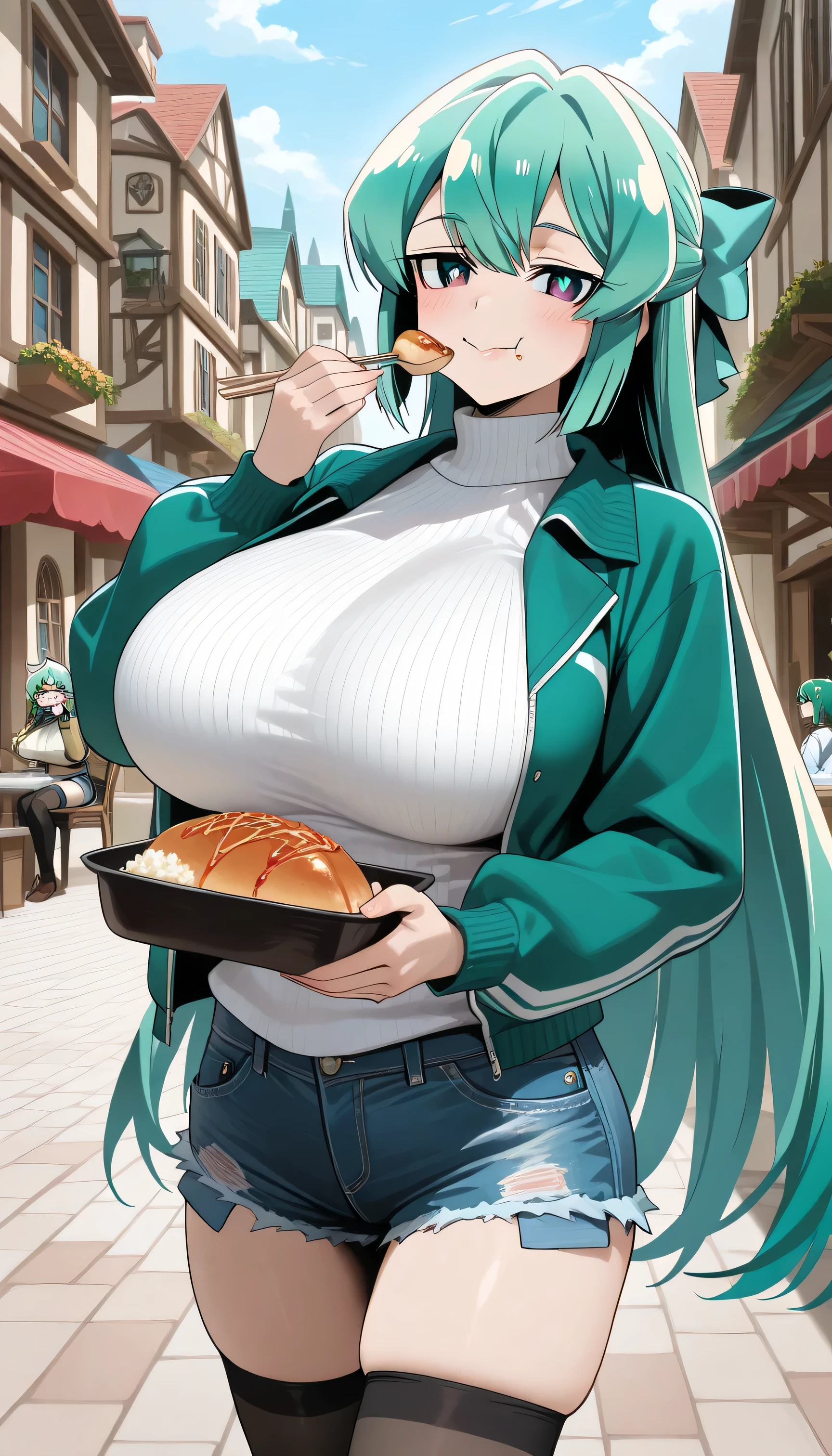 ( best quality , 8k , masterpiece , incredibly absurdres , beautiful woman , perfect body , super detailed skin , highly detailed eyes and face ) , 1 person , mahou shoujo ni akogarete magiaazul , green_hair,long_hair , swept bangs , bright pupils , half updo , glossy lip , smile , will be happy , ( jacket , tight sweaters, ultra short denim shorts , thigh-high socks , town , eating : 1.2 ) , ( huge breasts )