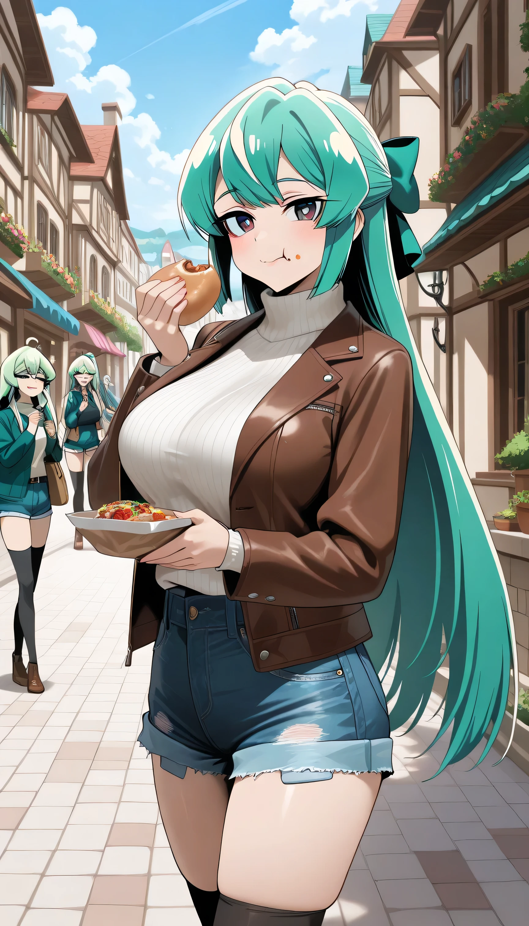 ( best quality , 8k , masterpiece , incredibly absurdres , beautiful woman , perfect body , super detailed skin , highly detailed eyes and face ) , 1 person , mahou shoujo ni akogarete magiaazul , green_hair,long_hair , swept bangs , bright pupils , half updo , glossy lip , smile , will be happy , ( jacket , tight sweaters, ultra short denim shorts , thigh-high socks , town , eating : 1.2 ) , ( large breasts )