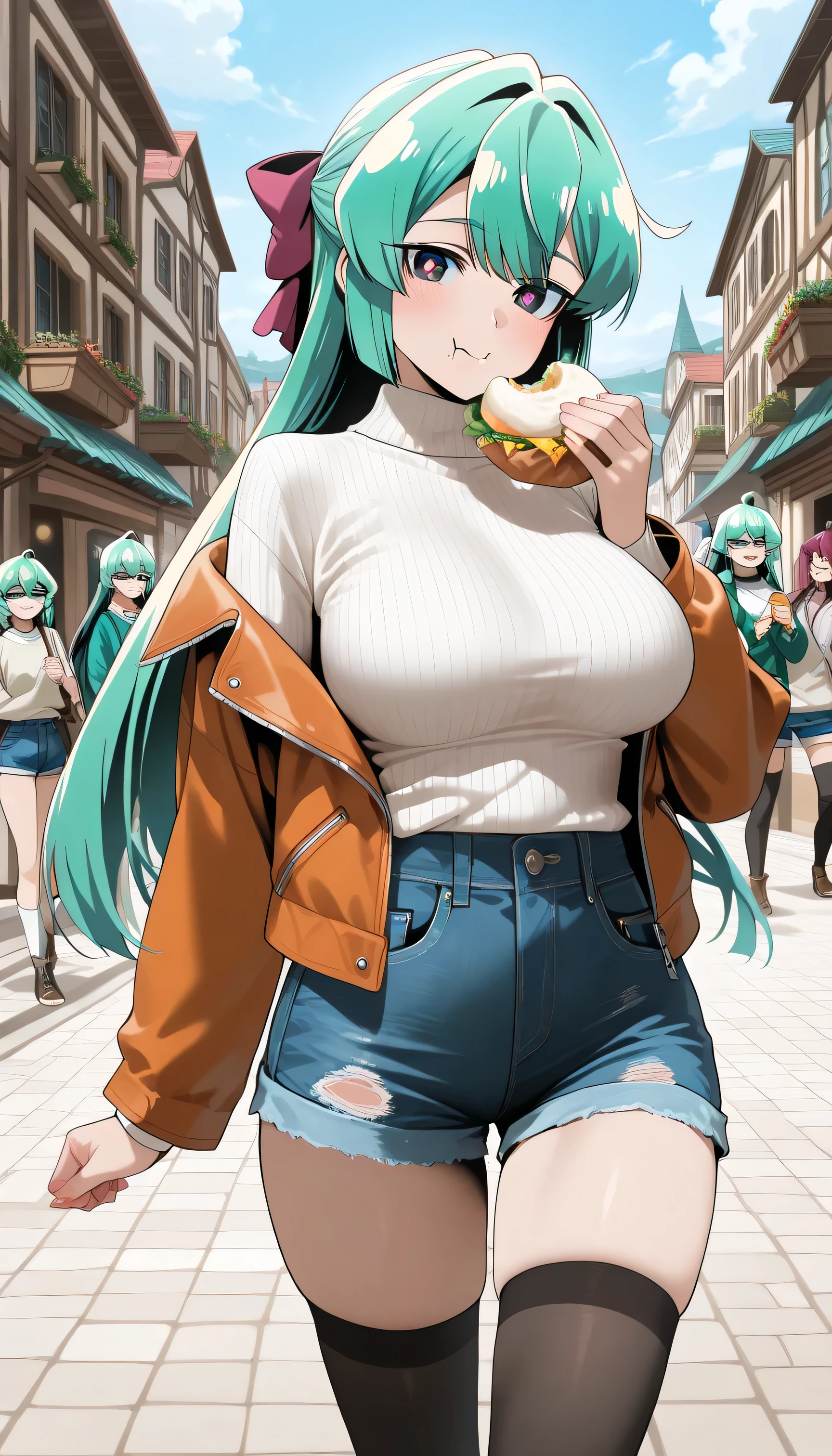 ( best quality , 8k , masterpiece , incredibly absurdres , beautiful woman , perfect body , super detailed skin , highly detailed eyes and face ) , 1 person , mahou shoujo ni akogarete magiaazul , green_hair,long_hair , swept bangs , bright pupils , half updo , glossy lip , smile , will be happy , ( jacket , tight sweaters, ultra short denim shorts , thigh-high socks , town , eating : 1.2 ) , ( large breasts )