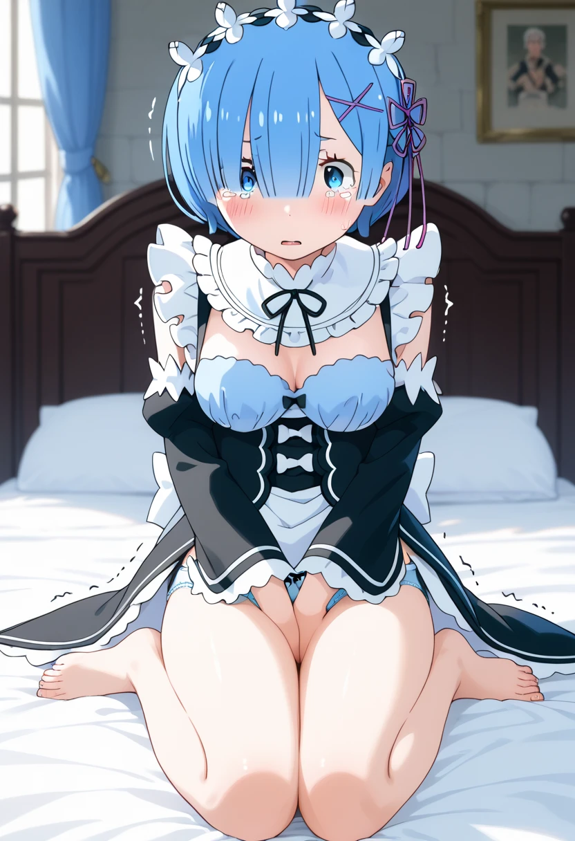 masterpiece, best quality, nsfw, 1girl, cowboy shot, looking away, bed, night, dark skin, fighter, blue hair, very long hair, straight hair, embarrassed, clenched teeth, large breasts, small nipples, gothic ta, Blue striped bra, Blue striped panties, ((see through)), (((skirt lift))), ((cameltoe)), (((spread pussy))), crotch grab, ((six-pack)),