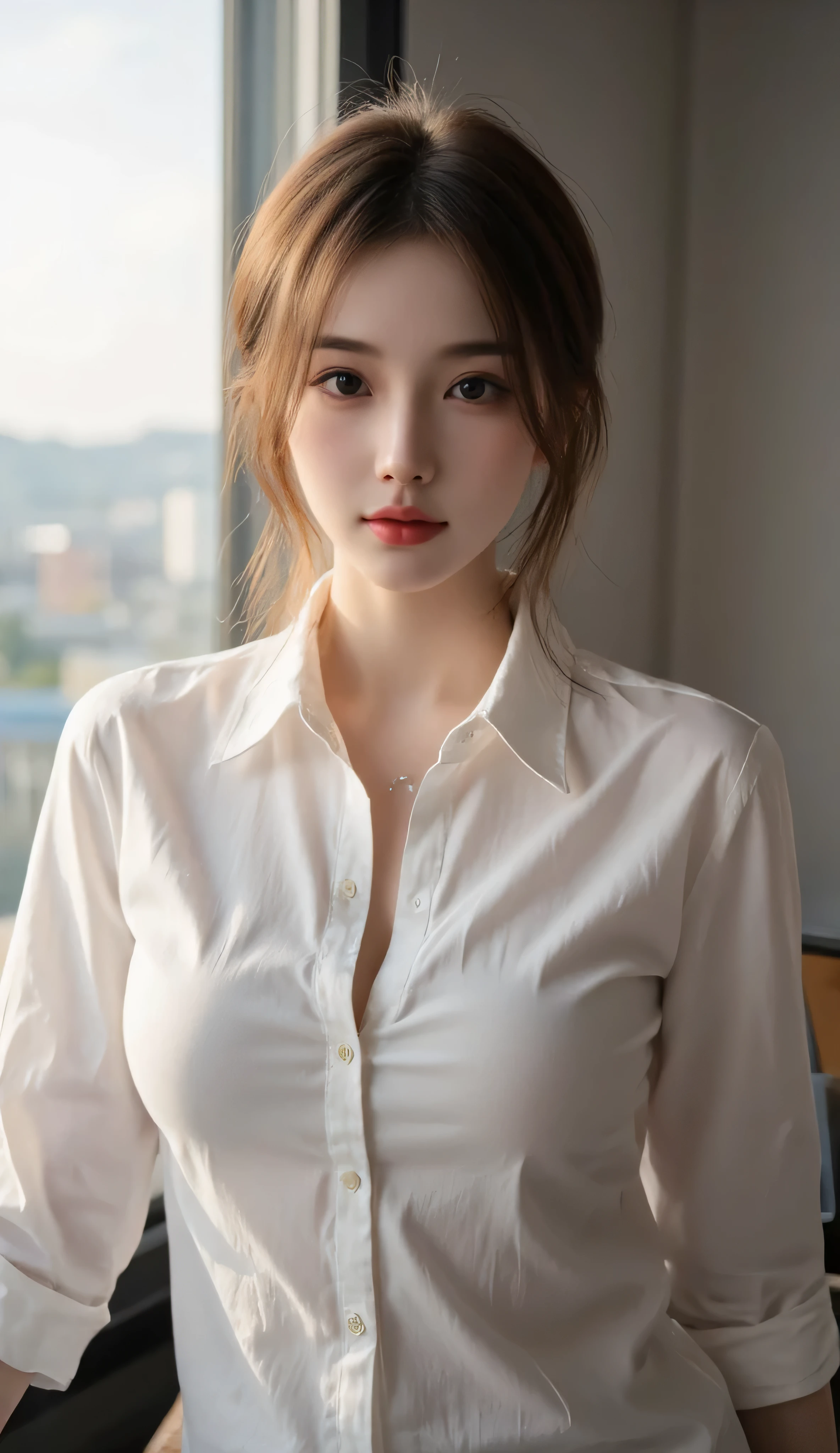 (realistic, high-quality, beautiful detailed face and eyes:1.3), OL, adorable face, mature Japanese woman, (big breast, ample cleavage), white business shirt, tight skirt, (best quality, 8K, masterpiece:1.3), professional lighting, vibrant colors, elegant posture, confident expression, modern office setting, thick thighs, mute color