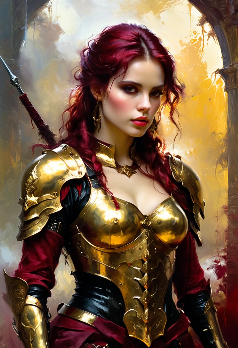 ((mejor calidad)), ((obra maestra)), (detallado), girl with gold armor, colored hair, red underwear, tattooed, realistic, medias de red, sexy, bend over, brown eyes, showing ass, big boobs, 