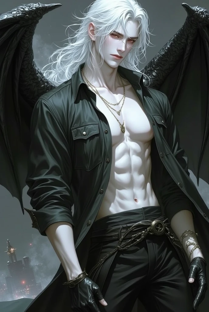 1boy, male focus, wings, Jewelry, white colored hair, 独奏, (((Absolutely White Skin:1.4))), (((albino:1.4))),A bracelet, Abs, pectoral muscles, muscle male, muscular, topless male, looking a viewer, necklace, bellybutton, Long hair, Wings of the Foggy Demon, A bracelet, Yellow eyes