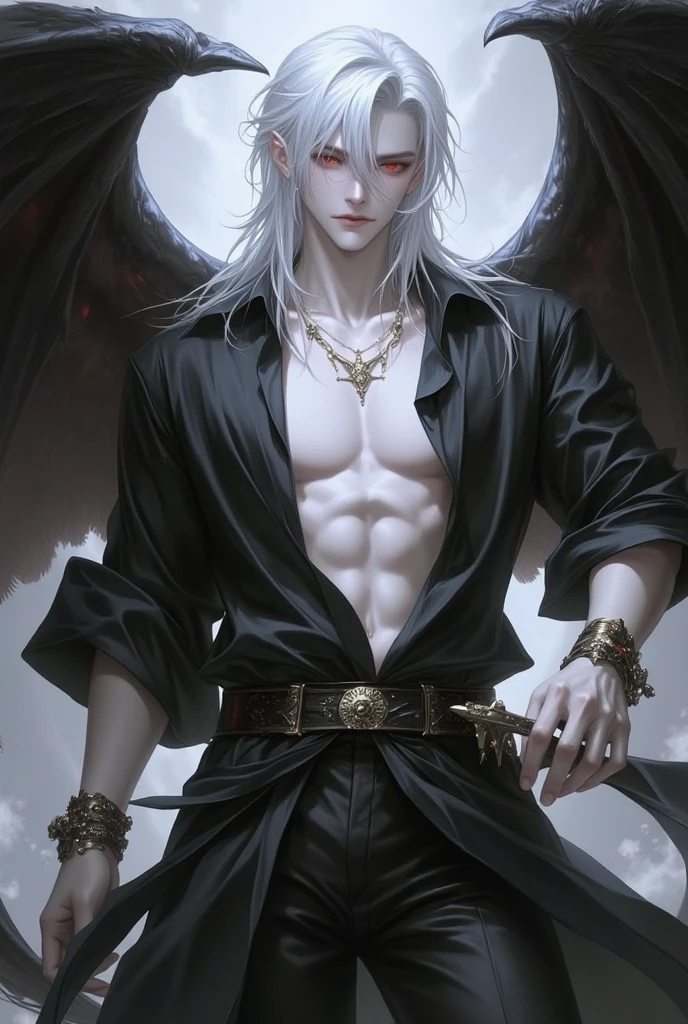 masterpiece, highest quality, solo focus, (perfect face:1.1), (high detail:1.1),dramatic, 1guy, (pale skin), long white hair, white eyes, solo, long hair, moon, night, white luxury suit, covered navel, pouty lips, angel, covered, roses, detailed background, bats and candy, cinematic lighting,