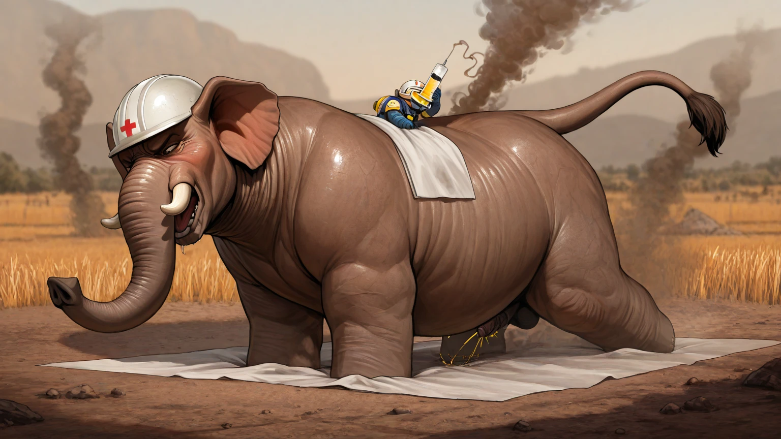 (solo:1.2), elephant, standing on all fours, (flaccid:1.1) penis, (equine:0.8) penis, detailed tusks, (pink:0.7) grey penis, ((((hyper mottled elephant penis)))), (((raised tail, lion tail, small tail, tail with tuft, urine, balls, big butt, hair tail tip, spreading legs, anal juice))), gaping anus, public park, full body view, rear view, masterpiece, high quality, realistic, detailed background,