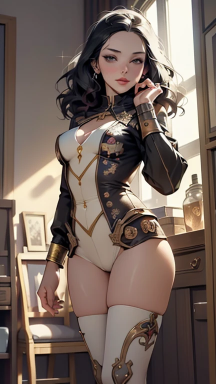 (masterpiece best quality), Realistic, (Real picture, Intricate details, Depth of field), (1girll, Solo),long eyelasher,seductiv, highly detailed, Perfect face,Delicate facial features (gigantic cleavage breasts:1.3), (skin indentation), (Pasture cowsheds covered with pastures),Overlooking the perspective,Thick thighs, Wide hips, Small waist, facing at camera,Raised sexy,Flirtatious,Open your feet,Mature face,a matural female,(Gorgeous Hair in Long Purple,By bangs),Cow clothing,Erotic clothing,open waist,Leather clothes,stocklings,Over-the-knee boots,cow horn,Production plant,Cow Lady