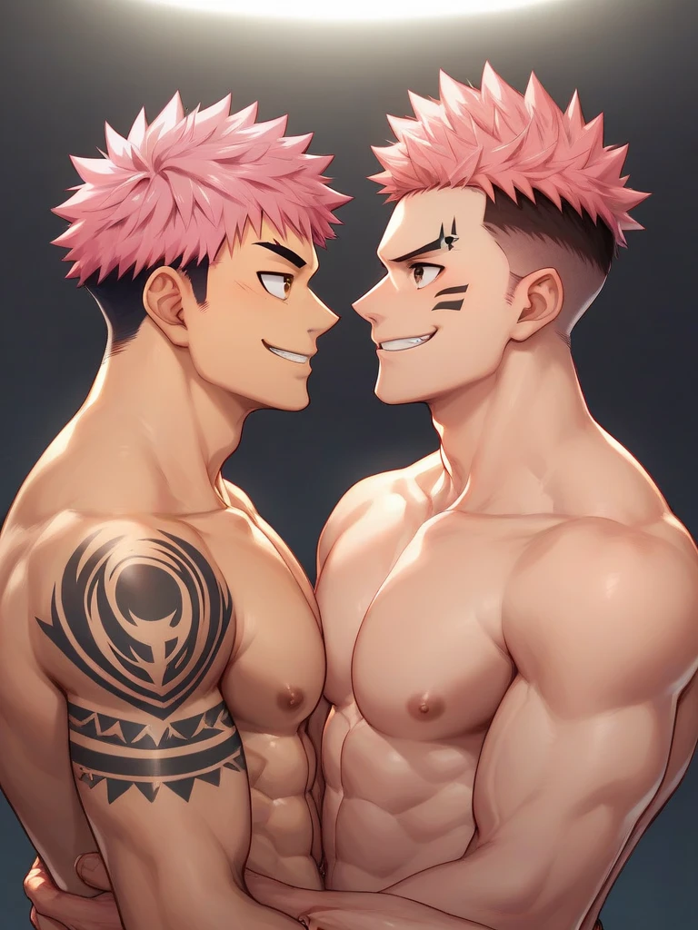 2boys kissing, (Natsu Dragneel) and (Gray Fullbuster), masterpiece, best quality, shirtless slim lean  boys young adults in a shower with steam. The men are muscular lean slim and well built, with shiny bodies and defined muscles. The men are naked completely, ((naked)). The men are wearing a necklace, and dripping wet and soggy in a shower. sexy expression. ((Handsome face:1.2)), sexual tension in the air,