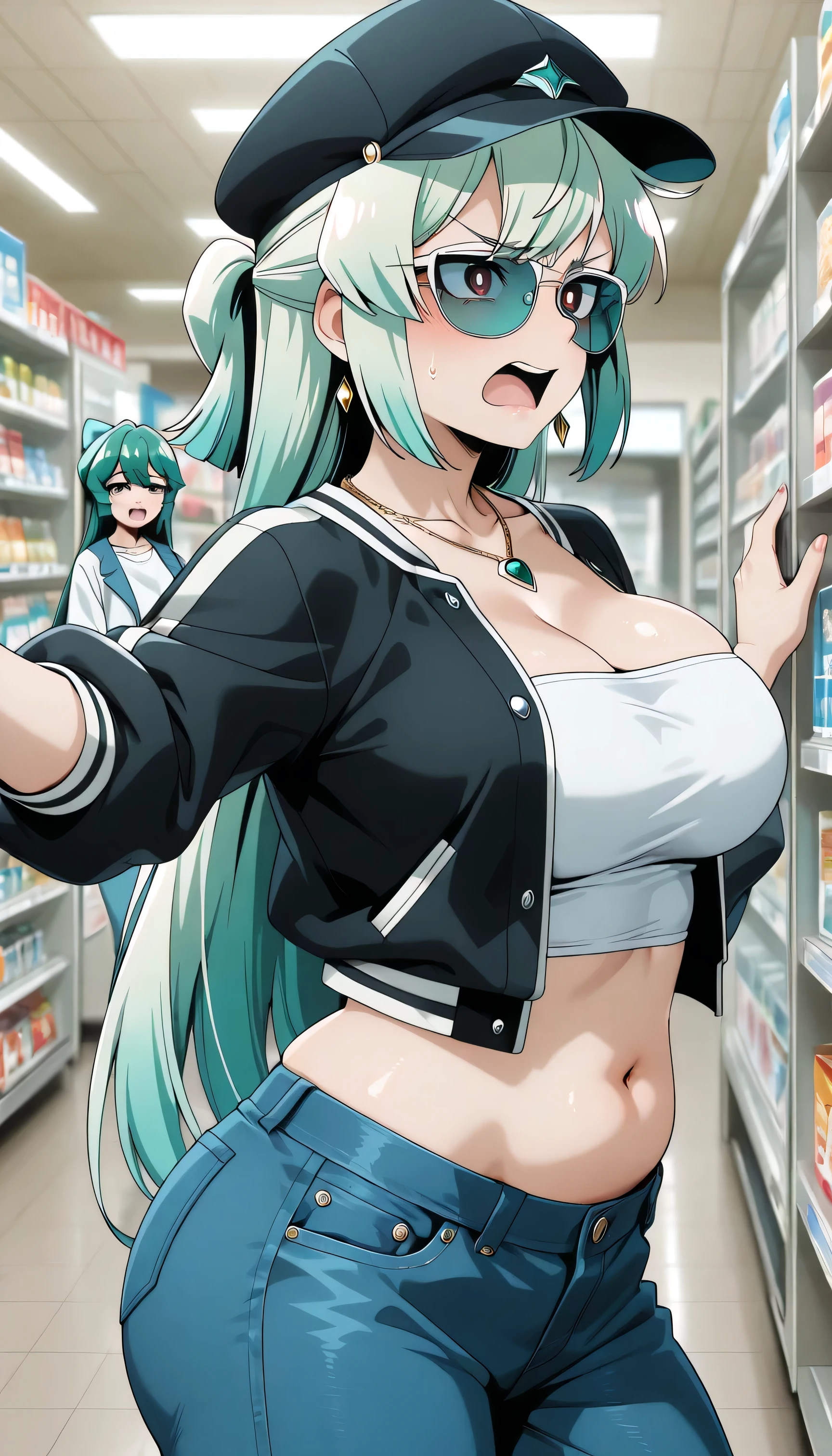 mahou shoujo ni akogarete magiaazul, 最high quality, masterpiece, Very detailed, high quality, high resolution, A girl, green_hair,long_hair , swept bangs , bright pupils , half updo , glossy lip, earrings, beautiful, beautiful and perfect face, offended, Open mouth, View your audience, black varsity jacket, white strapless top, denim pants, black cap, gold necklace, collarbone, Big Breasts, belly button, Big Ass, Standing, at pharmacy store, sunglasses, thick thighs, indoors, pov, sunset