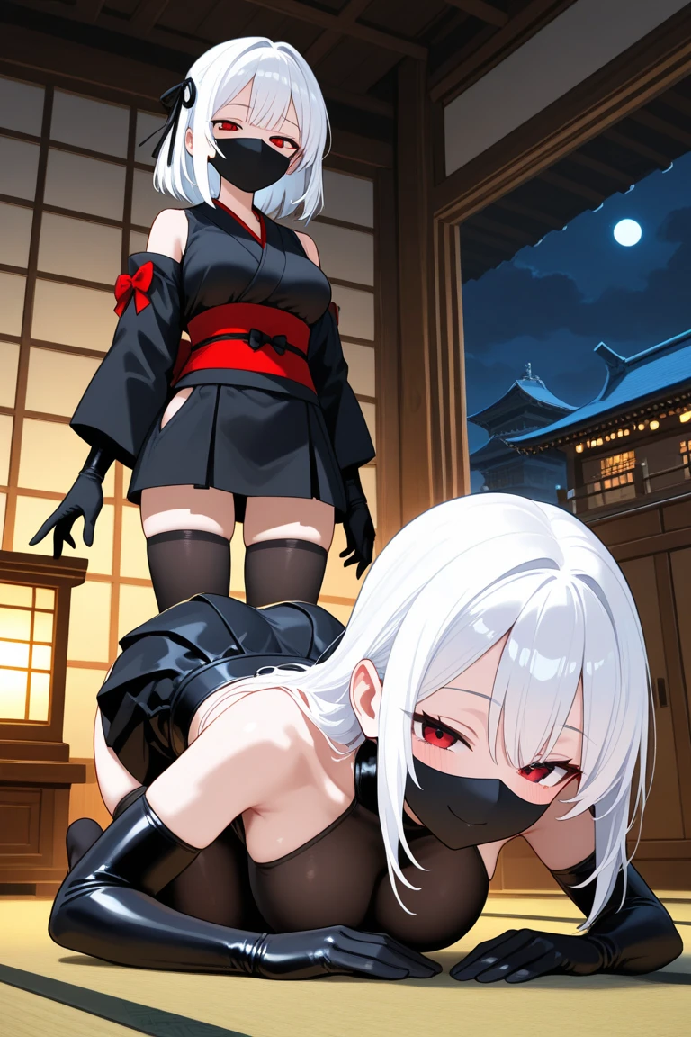 sexy girl, torn clothes, short white hair, red eyes, showing her ass, with a naughty face