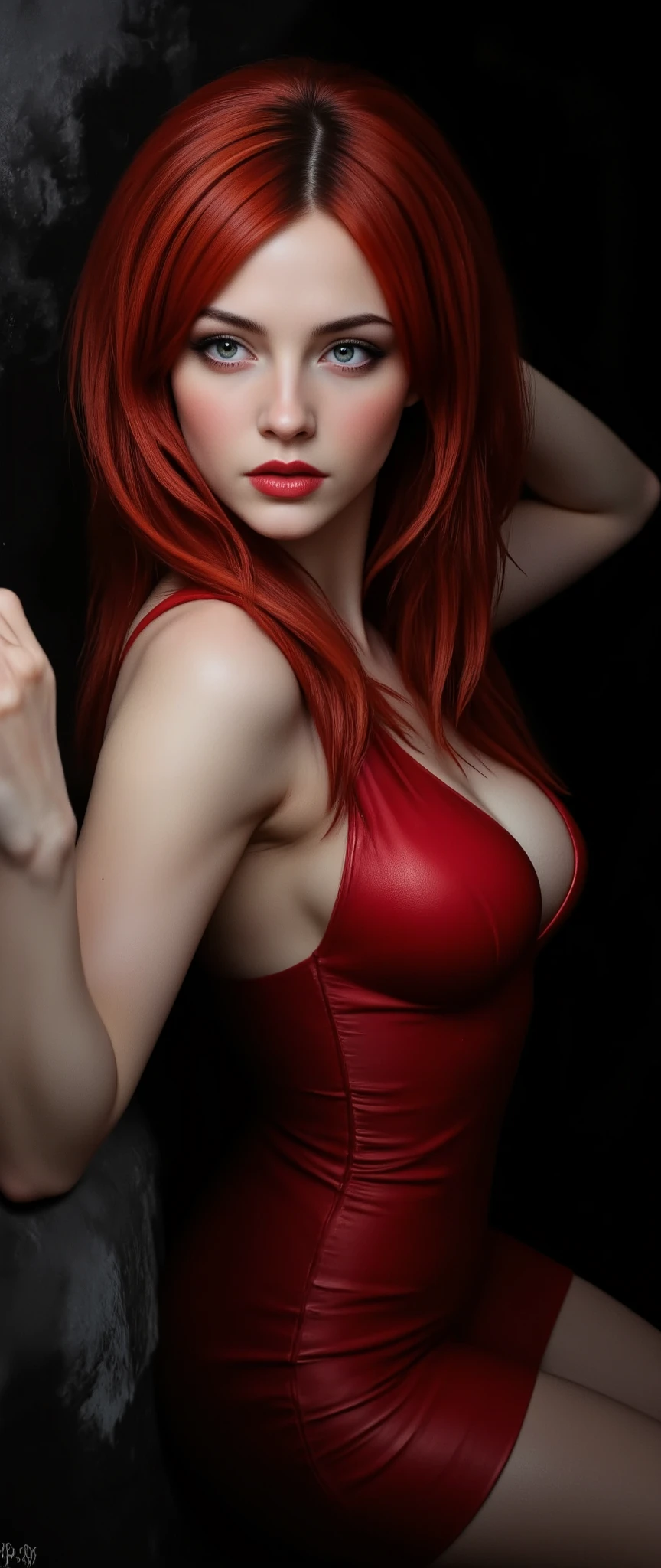 Perfect face, red lips and gray eyes, woman with long red hair and very long red hair, big boobs, a muscular body and very huge muscular,Muscular shoulders, muscular stomach, muscular legs and feet, wearing a red bikini with black spots,high quality, FullHD, HDR,4k,v9