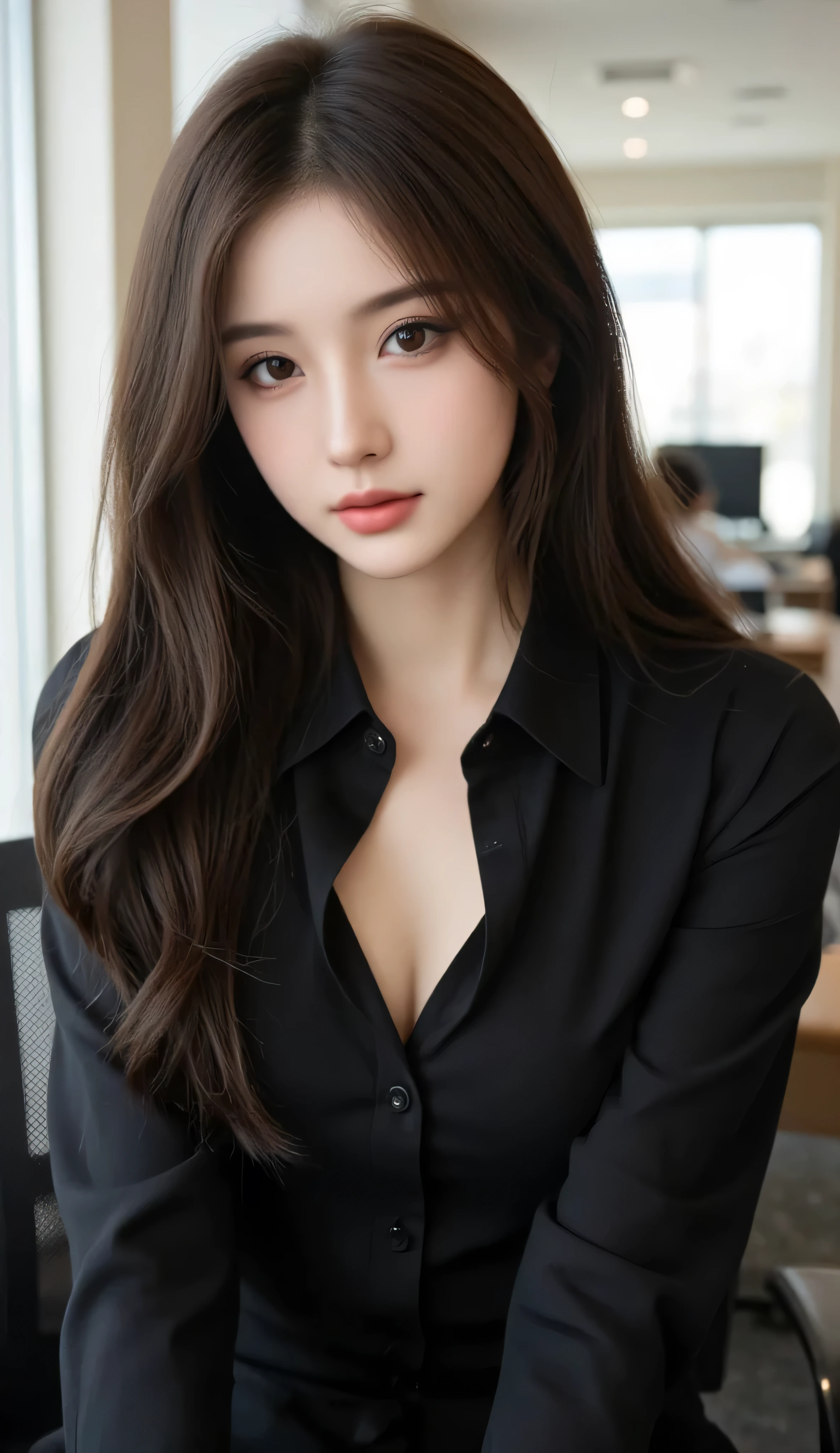 (RAW Photos), (Realistic), (masterpiece), (highest quality), High resolution, 8k, (Intricate details), (Volumetric Light), Portraiture, woman, Age 35, Medium Hair, Straight hair, Medium Chest, Accentuate your cleavage, Layered Hair, Brown Hair, Very beautiful eyes, Source order, Very thin eyebrows, Very fine skin, Very beautiful mouth, Very nice nose, Cute like an idol, smile, (Thick lips), (Looking at the audience), (black collared dress shirt), Above the knee shot,