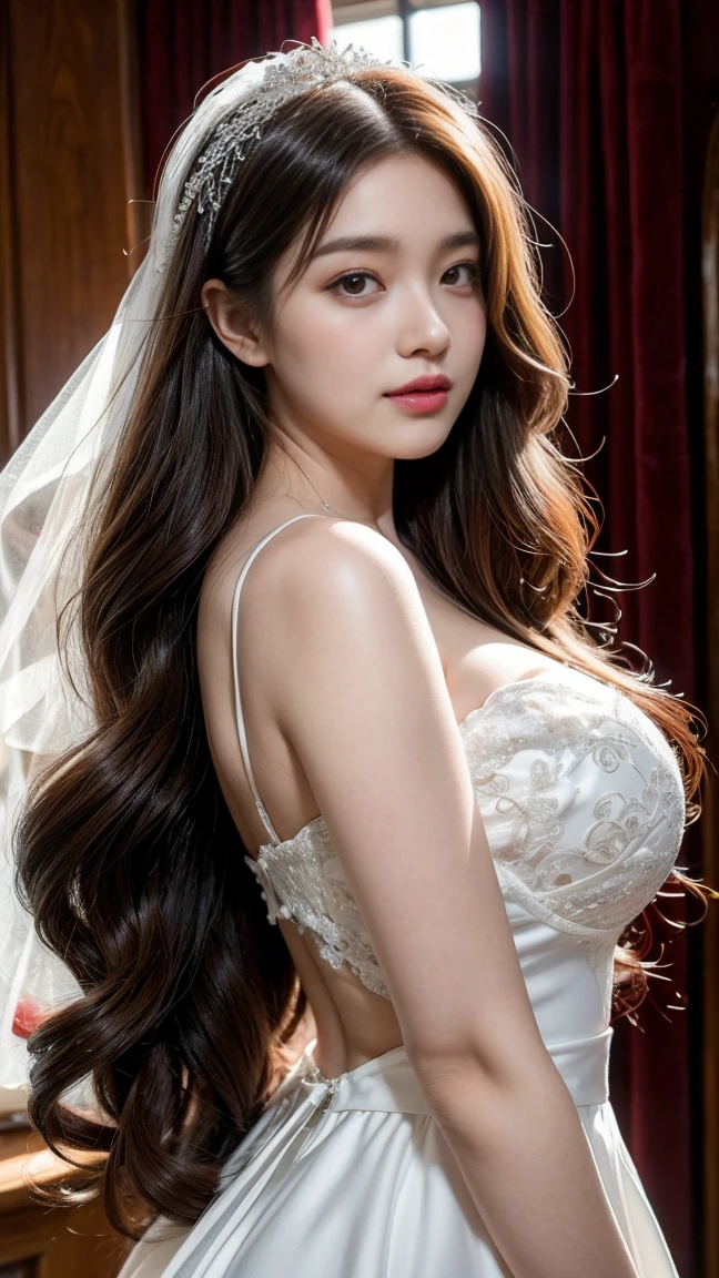 Disorderly posture, (very delicate and beautiful work), (masterpiece), 1girl, girl in wedding dress, veil, lace, high definition, ridiculous, charming expression, beautiful clear eyes, green eyes, delicate necklace, delicate earrings, simple background blur, ultra-fine depiction, beautiful, attractive, ultra-fine painting, delicate face, delicate figure, thin collarbone, nice lips, beauty big, soft back, mix4, ( 8k, RAW photos, highest quality), masterpieces: 1.2), (realistic, photorealistic: 1.37), single girl, cute, cityscape, night, professional lighting, photon mapping, radiosity, physically based rendering, blonde, big breasts. Perfect breasts, perfect body,