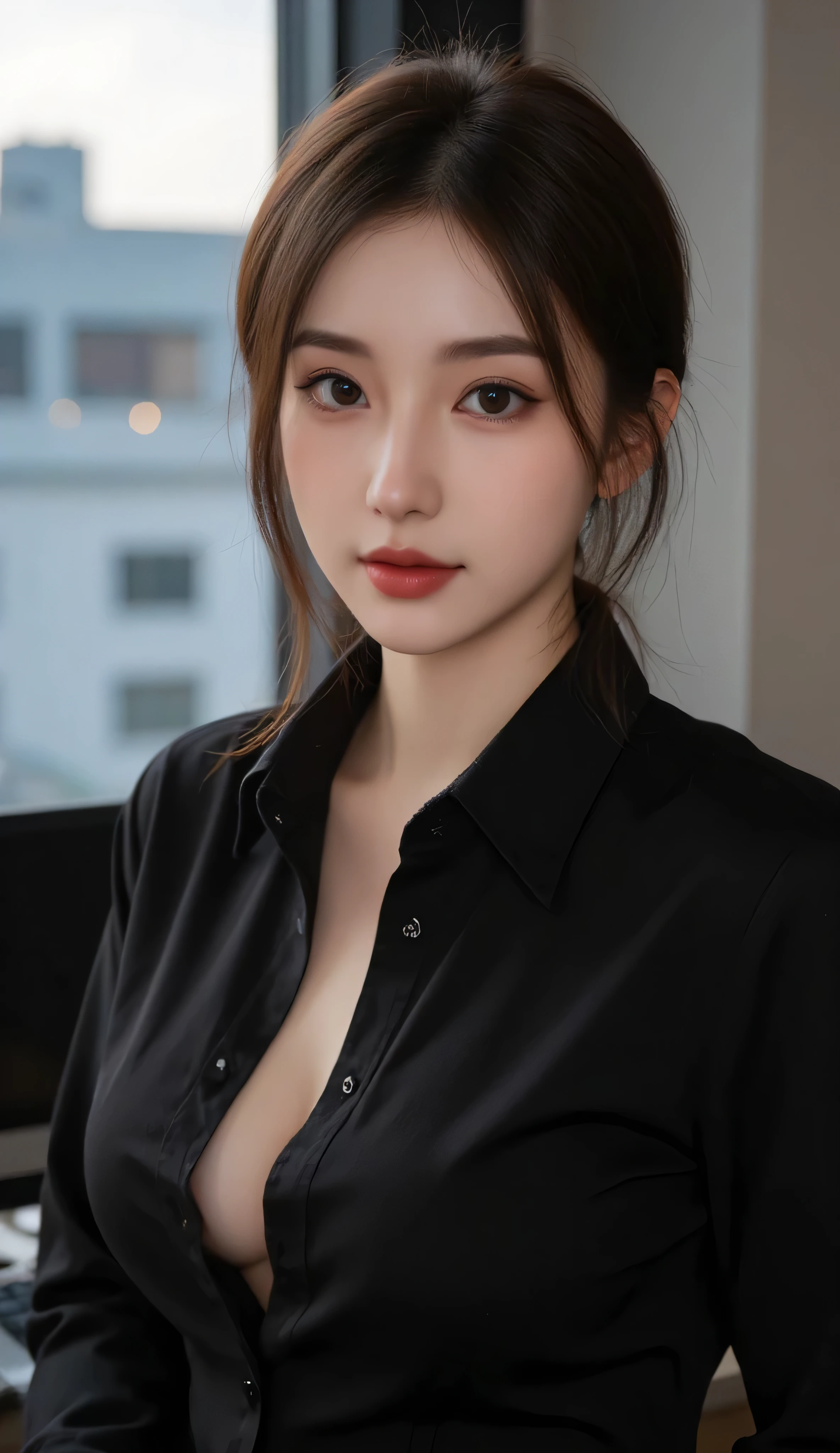 1 woman, beautiful, หน้าbeautiful,black hair, 20 years old, white skin, (Extra large breast), (The front of the shirt is open.:1.3), black eyes, Tie your hair, ((sexy pose)), portrait