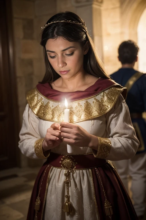 ULTRARREALISTA, detalhes nas sombras, menina loira, casamento medieval, Warrior prince, belo rapaz, medieval army in the background, Monarchist Family, seios robustos, mulher atraente, roupa sensual, igreja, pombas brancas, detalhes na luz, cabelos castanhos