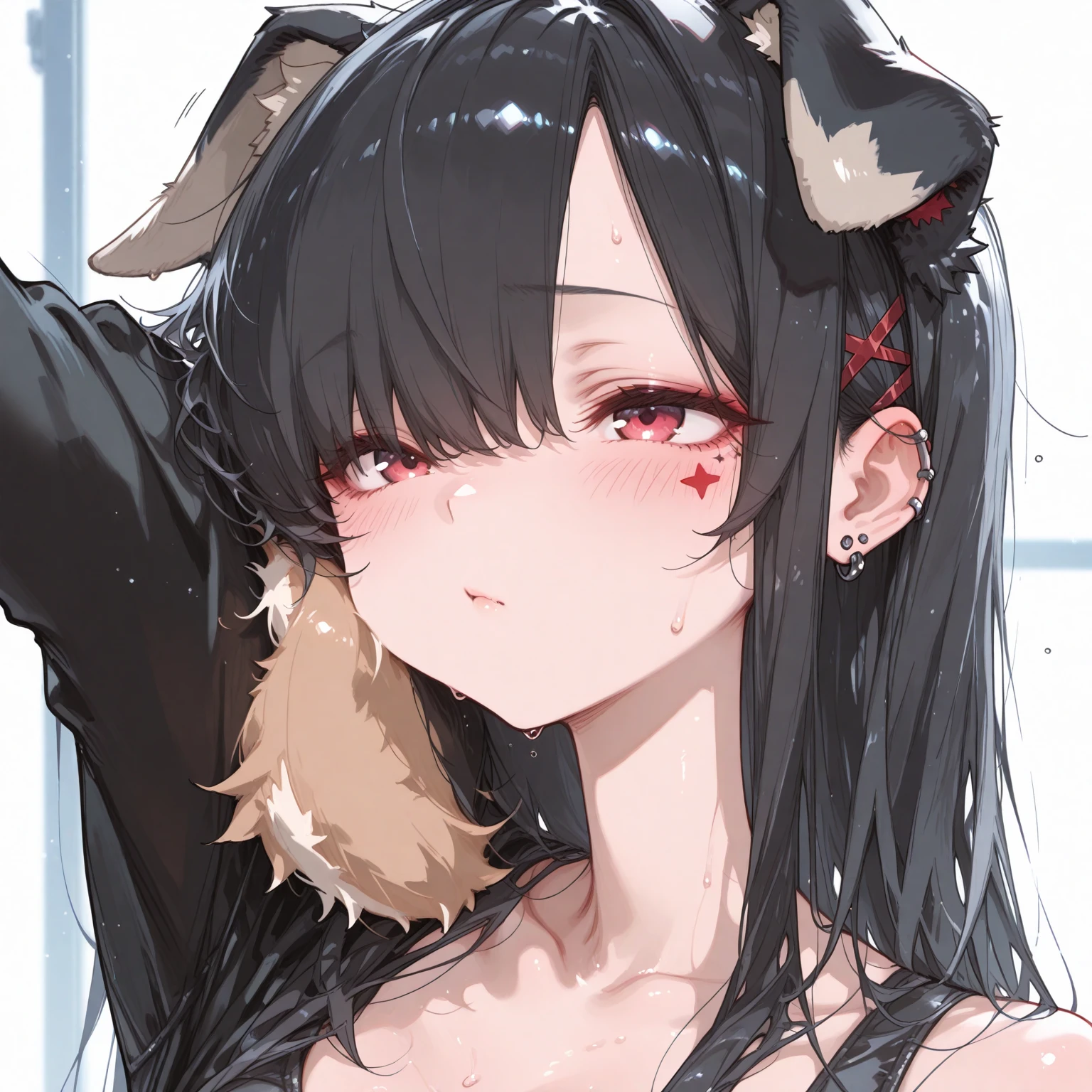 ((masterpiece, best quality)), highres, 8k, cinematic light, high contrast, depth of field, intense glow, simple background, darkness, abyssal, 1girl, cute, naughty, seductive smile, perfect arms, perfect hands, perfect fingers, detailed fingers, (heterochromia), (completely nude), nsfw, close up, close shot, portrait of a girl, detailed eyes, glowing red eyes, sparkle in eyes, detailed iris, grin, stylized, (messy hair), (hair over one eye), luminous, fangs, demon horns, red horns, mouth wide open, tongue out, (heavy rain:1.3), one hand on mouth
