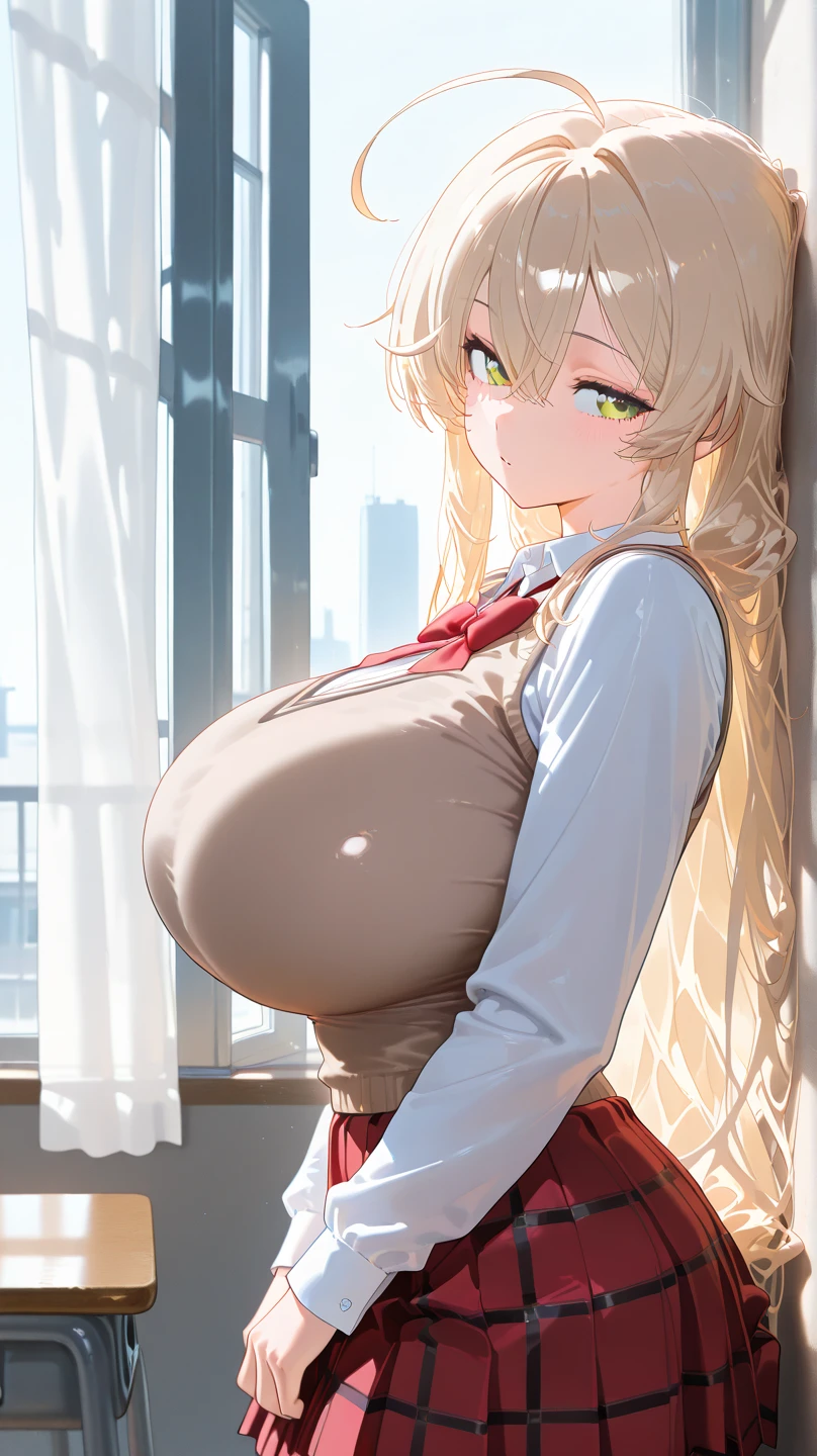 masterpiece, best quality, official art, extremely detailed CG unity 8k wallpaper, detailed background, (hand by Guido Daniele), (detail fingers), (dynamic angle), 1 mature girl, (curvy), (Standing), (dynamic pose), (holding flower:1.14), (school uniform, blue and white serafuku:1.14), (serafuku tie), (short sleeves), (short pleated skirt:1.12), (long blonde hair:1.13), (ahoge:1.13), (hair intakes:1.12), (high ponytail:1.12), (green eyes:1.2), light smile, blush, (huge breasts), narrow waist, shiny skin, outdoors, (rose garden), (meadow full of roses:1.11), (surrounded by rose petals:1.11), blue sky with clouds
