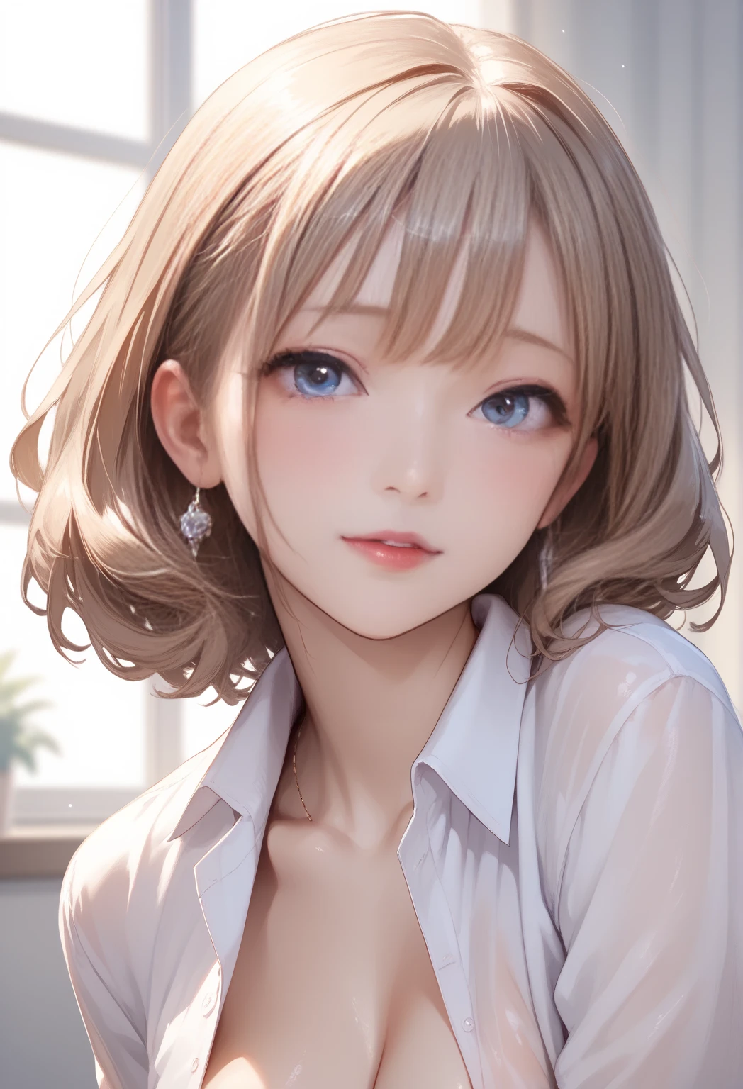 Floral dress, slender arms, white gold earrings, long blonde hair, blue eyes