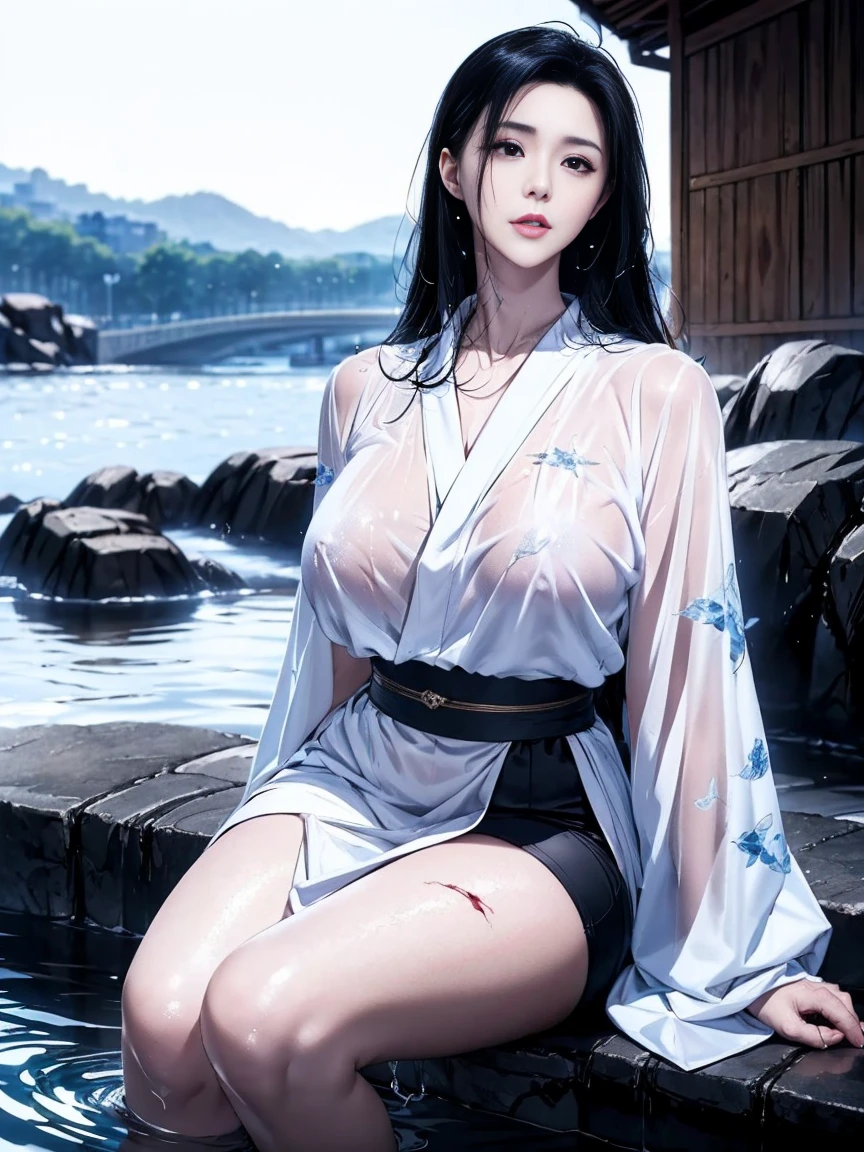 ((Waterfall basin on a moonlit night)),((池の真ん中に立つbeautiful女性)),((beautiful half-naked woman in a beautiful waterfall basin)), ((Sharp and captivating eyes))、((Sexy))、(((See-through kimono:1.3)))、((Kimono made of thin cloth wet with water:1)), Pale skin、(((One Girl:1))), ((Pale skin))、憂鬱なbeautiful顔、beautiful expression、Sexy顔、Swollen nipples, (((Lower Breast)))、(((beautiful breasts ))), beautiful 、Knee-high boots、Super detailed face、Delicate eyes、(double eyelid)、 (((1. Japanese women)))、 Beauty, 20-year-old,((See-through kimono)), (Show off by wearing Japanese revealing clothes),