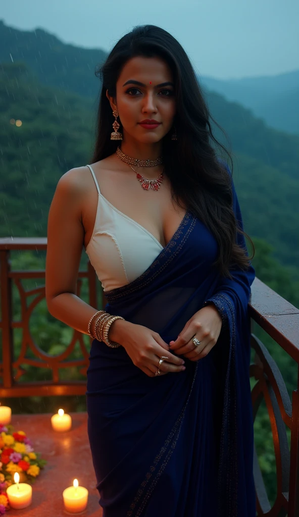 Beautiful indian woman posing, straight photoshoot pose, full body portrait, moonlit night, night time, winter, walking on forest path, detailed face, cute, big eyes, iconic, photorealistic, mountain temple, detailed background, big breasts, sexy thin saree, long wavy hair, cleavage, symmetric face, masterpiece, 8k, ultra realistic