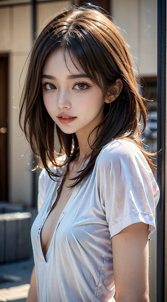 20歳の日本人一人のgirl、(beautiful girl、華奢なgirl:1.3)、(:1.3)、break、Browsing Caution、Show nudity、break、Very detailed定義、(Symmetrical eyes:1.3)、break、(Street view:1.3)、(Upper Body)、break、Small breasts、Brown eyes、Parted bangs、Brown Hair、girl、break、(Eyes and Face)with detail:1.0)、break、(masterpiece、Highest quality、Very detailed、Detailed face、8k), Facing forward