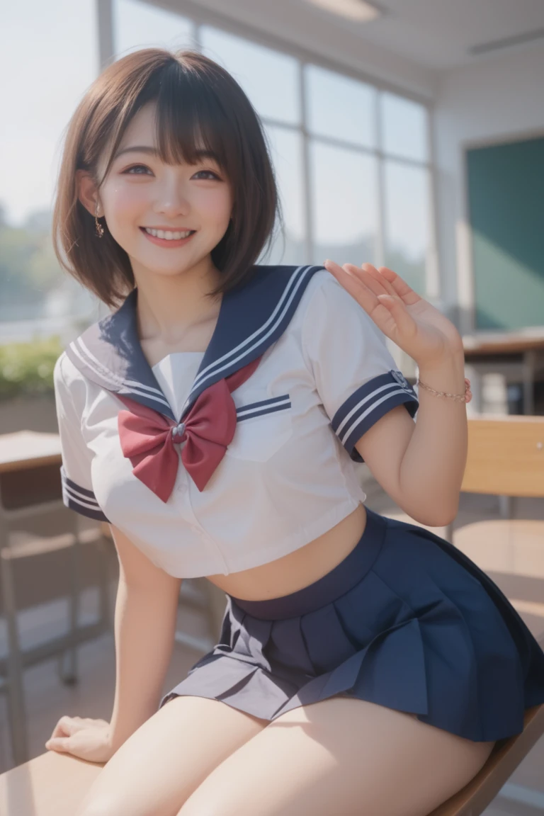Pubic hair grows、Smile full of happiness、((During hard sex:1.3))、Pink Panties、、Panting face、Lacking、After being attacked、school girl outfit(Plaid miniskirt)、a sailor suit、Sweating、Expression in a state of excitement、short-hair、eye glass、((Middle kick:1.))