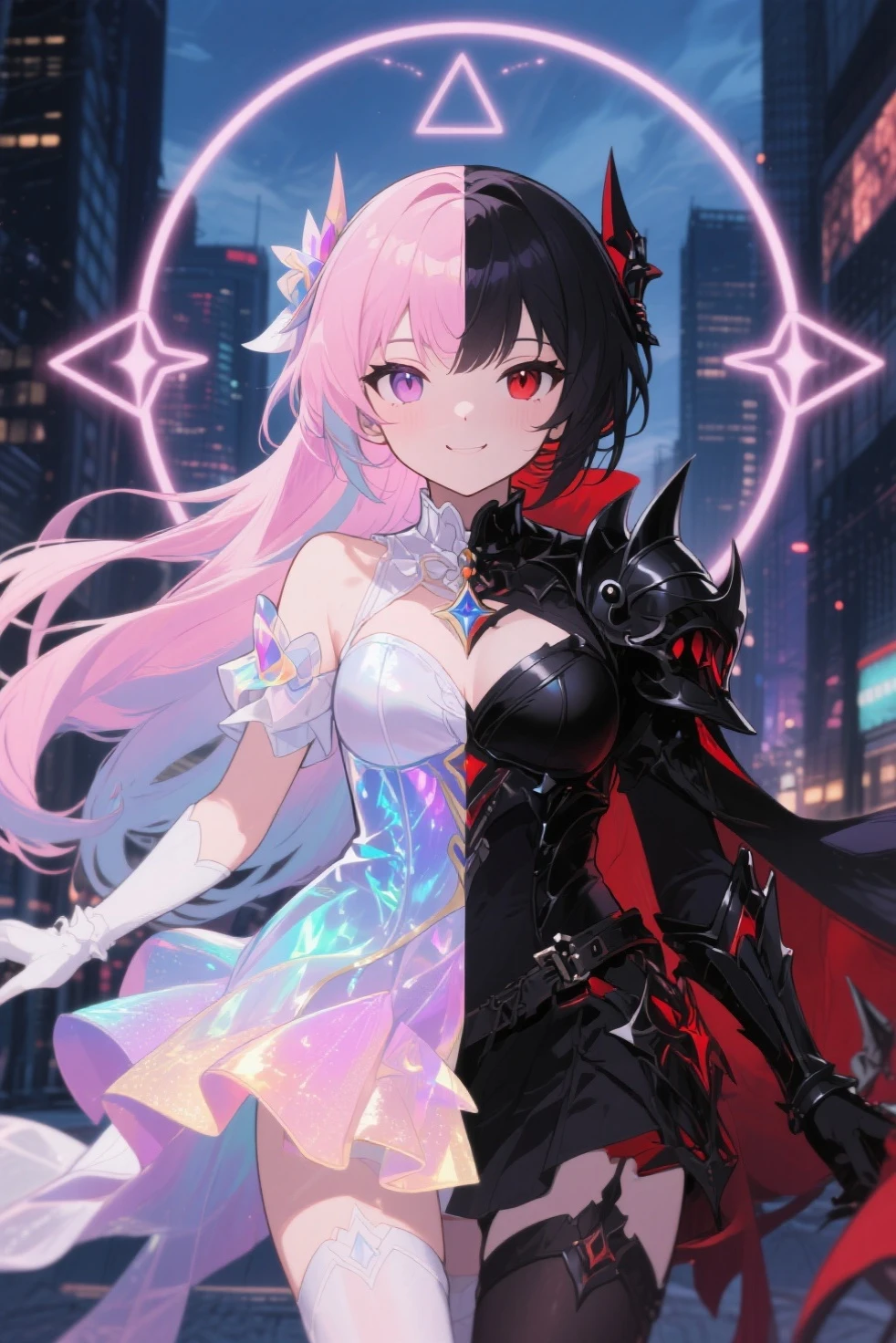 ((full body)),TYPHON,1girl,yellow eyes,Redee,独奏,very long hair,black dress,blush,elbow gloves,bare shoulders,heterochromia,black sclera,gauntlets,((leotard)),(masterpiece), (Highest quality), High resolution, Intricate details,Pose in front,